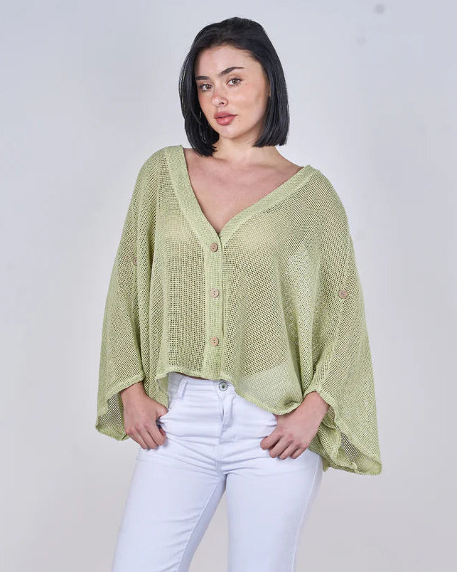 WASHED LINEN MESH BUTTON CARDIGAN