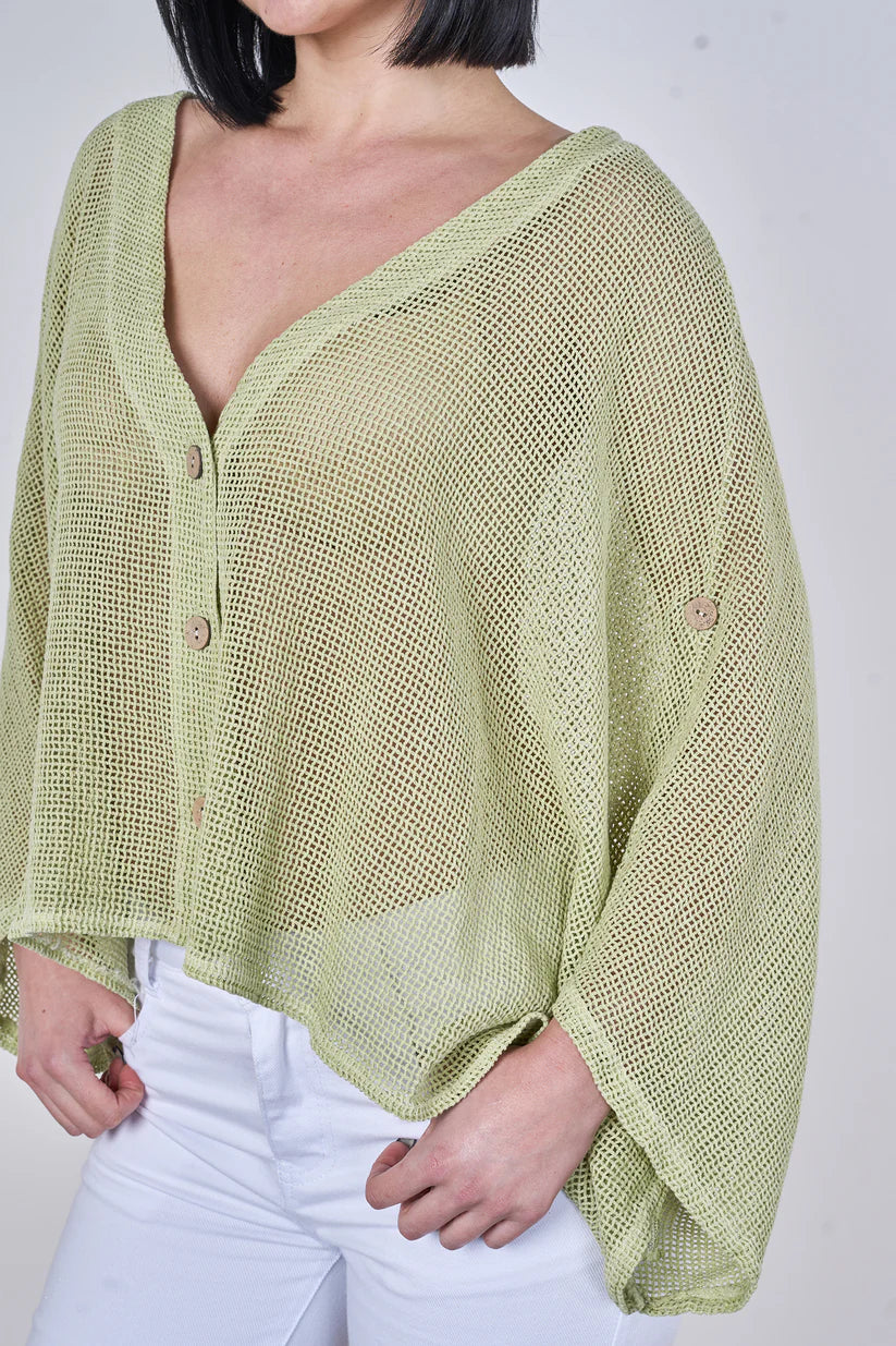 WASHED LINEN MESH BUTTON CARDIGAN