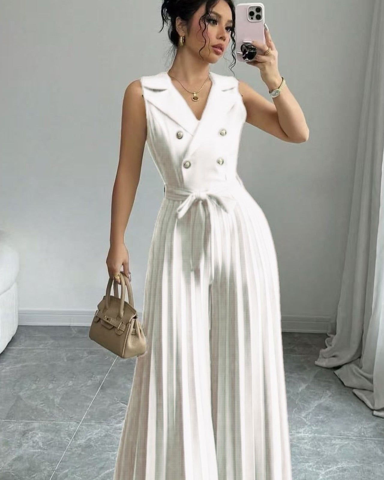 Pleated Wide Leg Jumpsuit - Off White