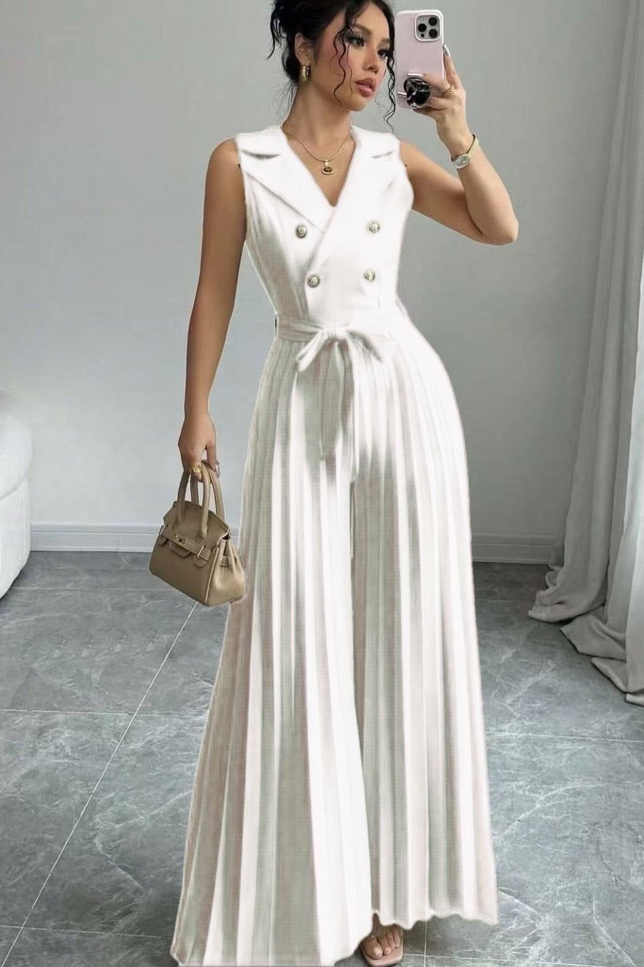 Pleated Wide Leg Jumpsuit - Off White
