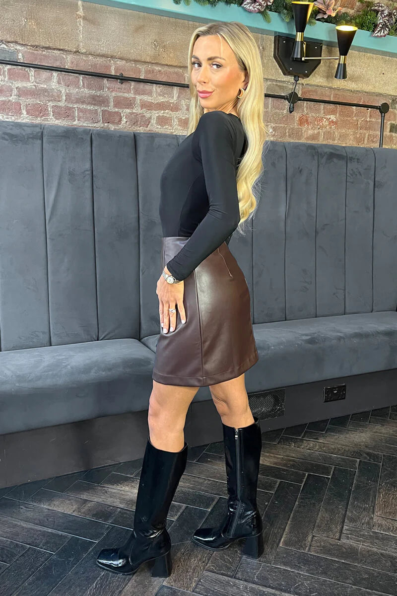 Chocolate Faux Leather Mini Skirt - by AX Paris