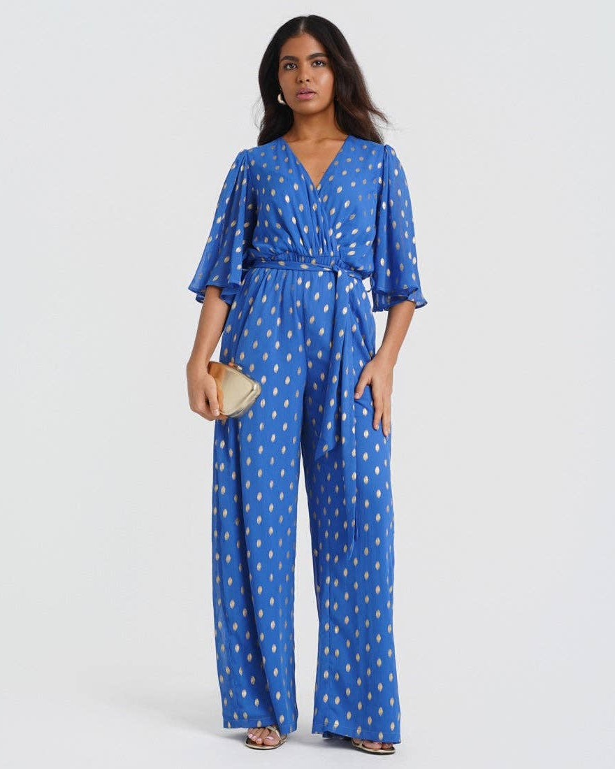 Blue Foil Angel Sleeve Jumpsuit