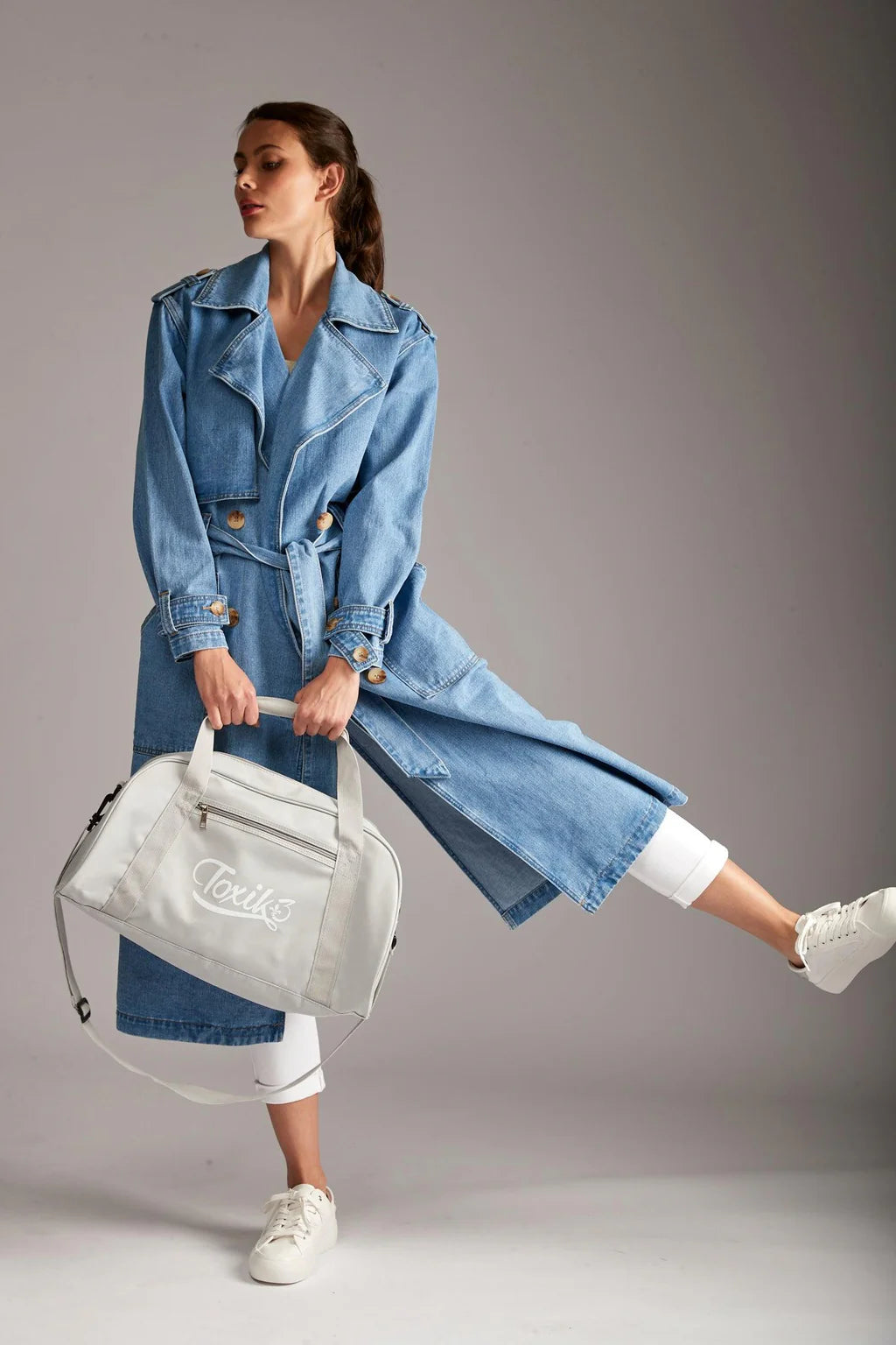 Toxik3 long denim trench coat - by Toxik