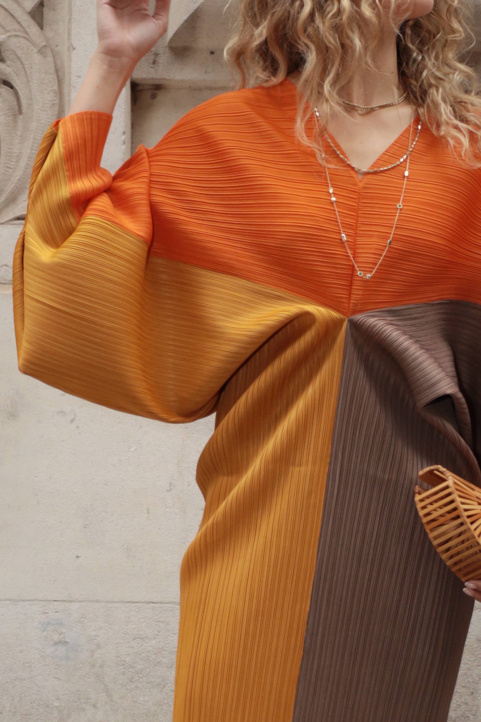 Orange Colour Block Pleated Dress