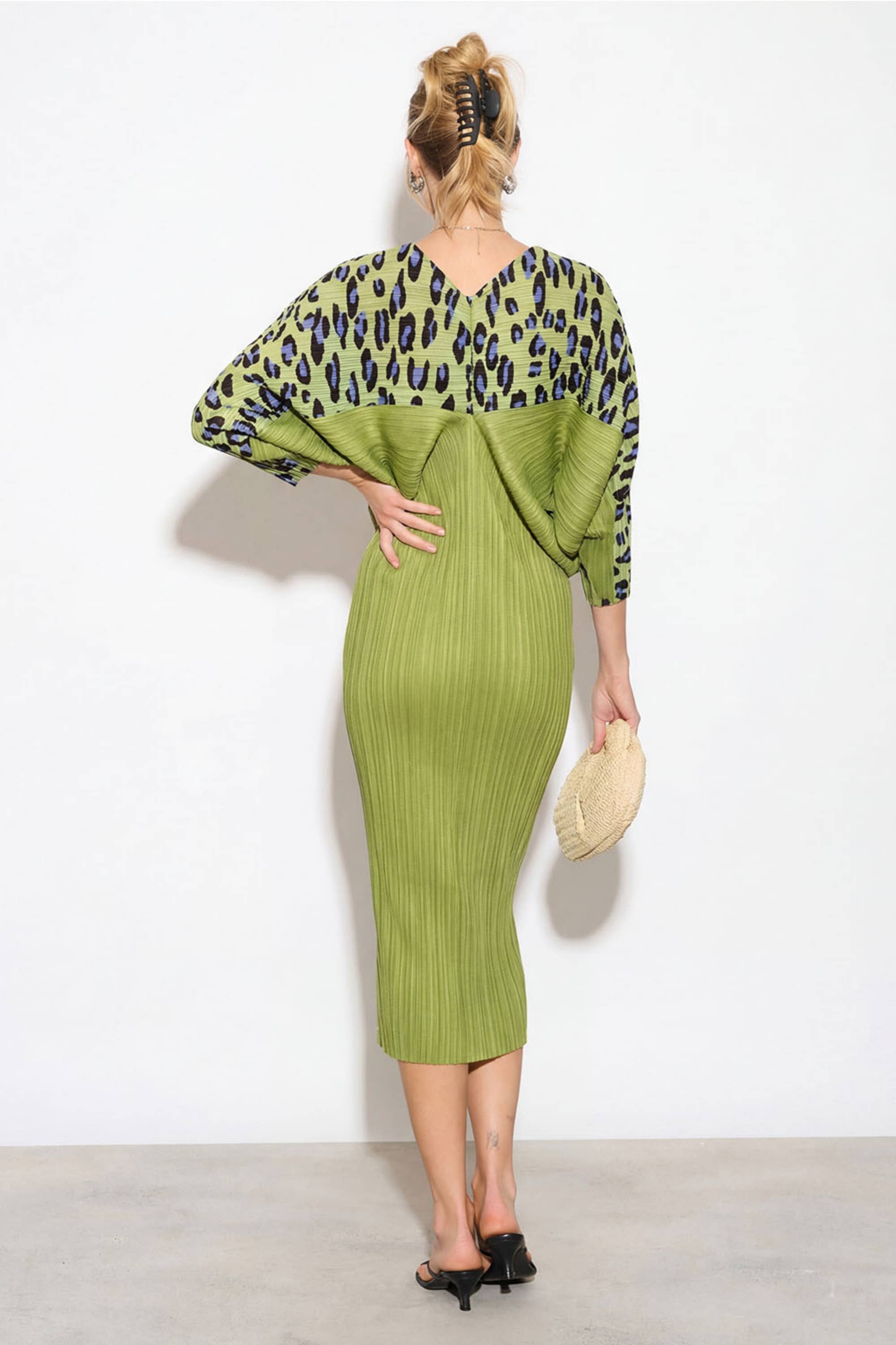 Green Leopard Print Pleated Dress
