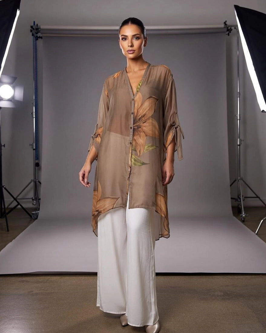 Long Silk Floral buttoned silk top - Taupe
