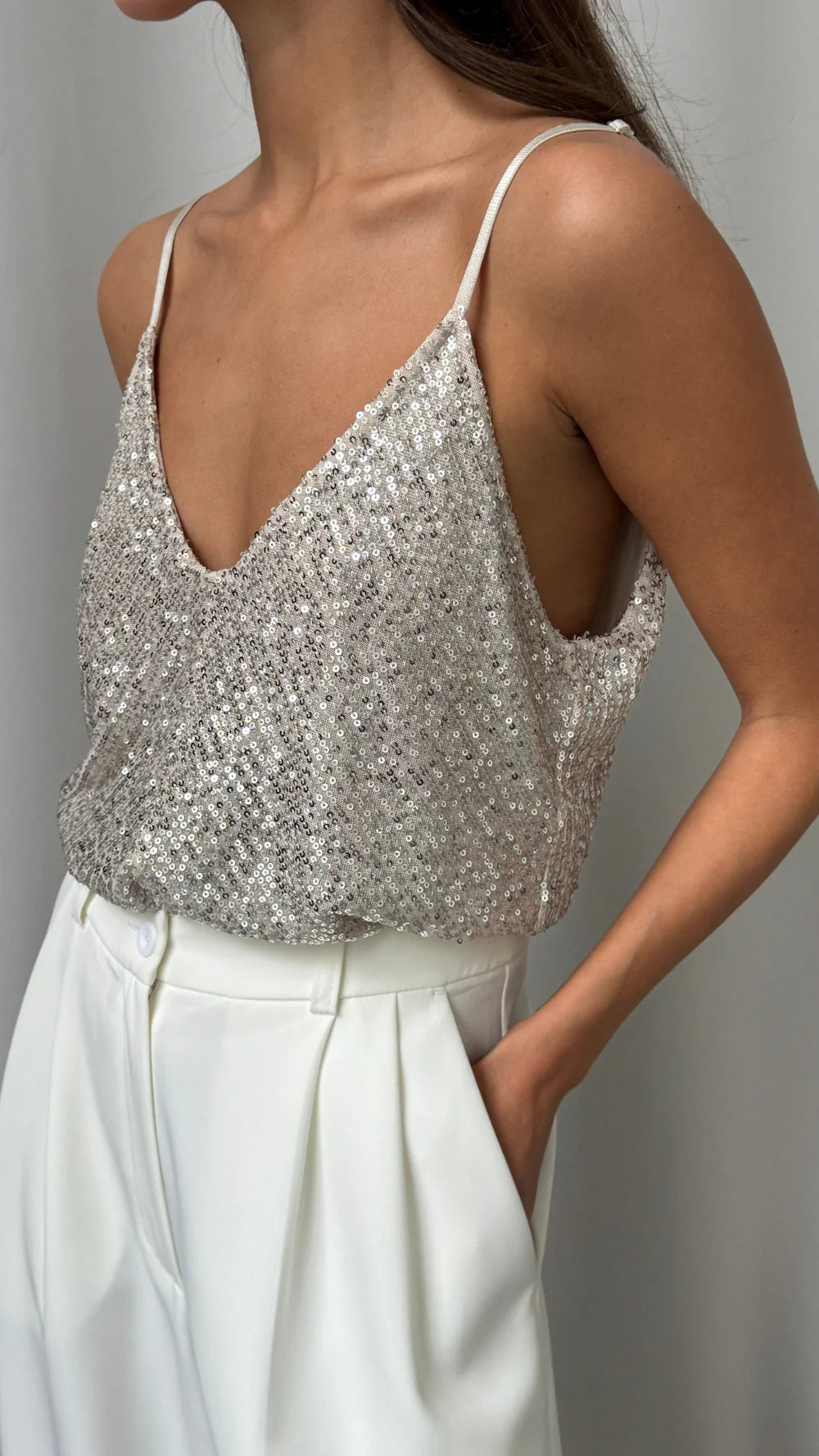 Sienna Sequin Camisole - Silver - by Charli