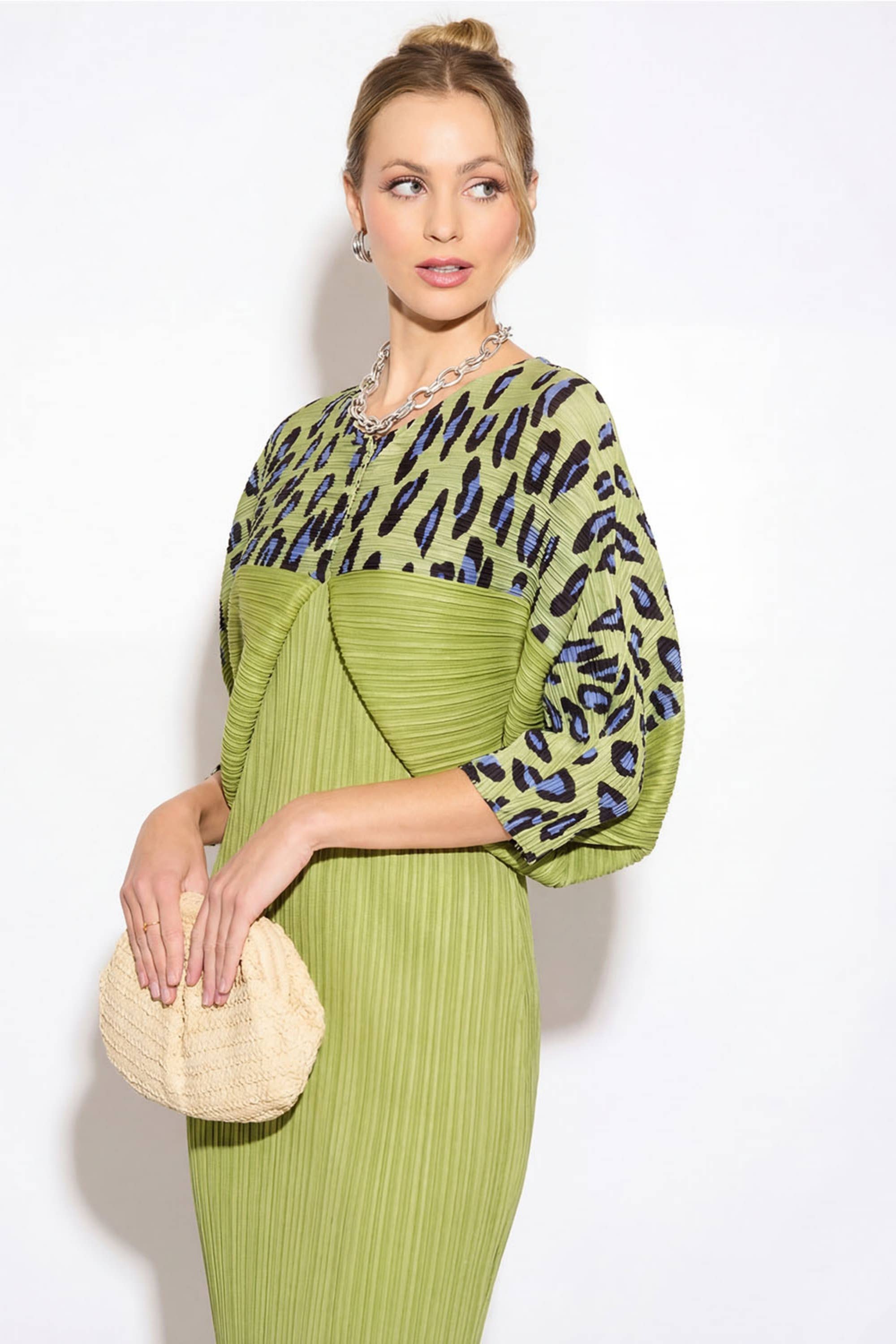 Green Leopard Print Pleated Dress