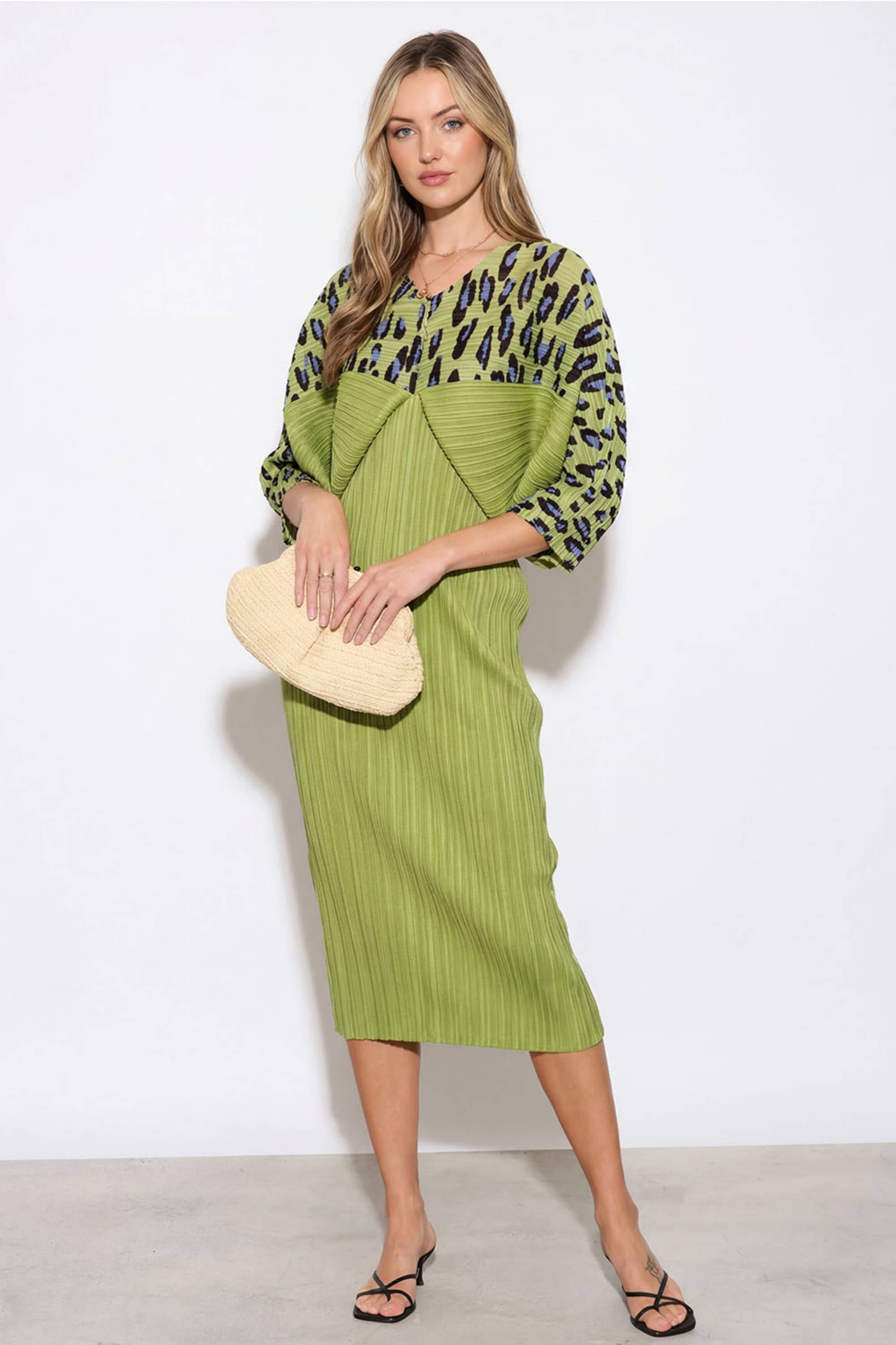 Green Leopard Print Pleated Dress