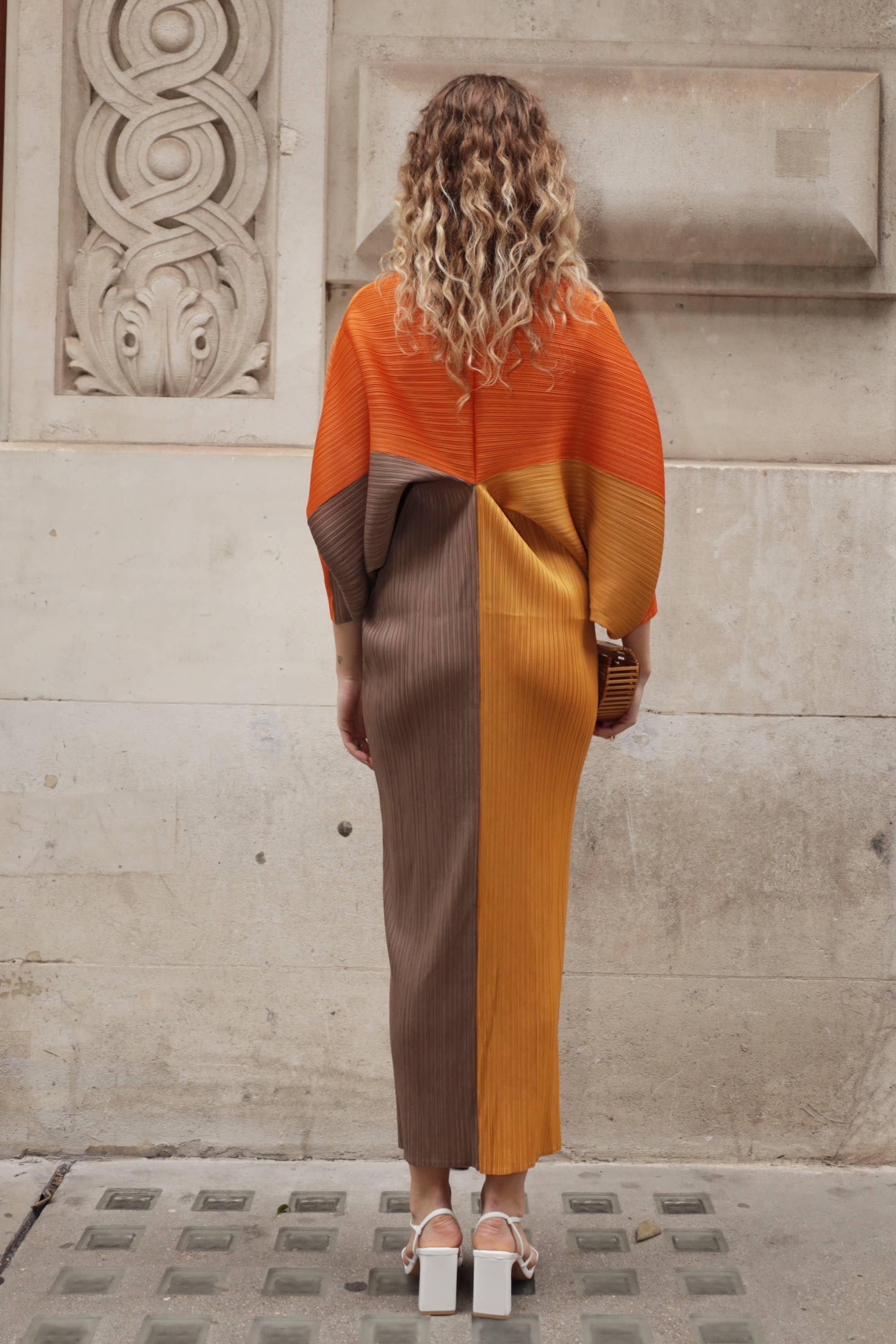 Orange Colour Block Pleated Dress
