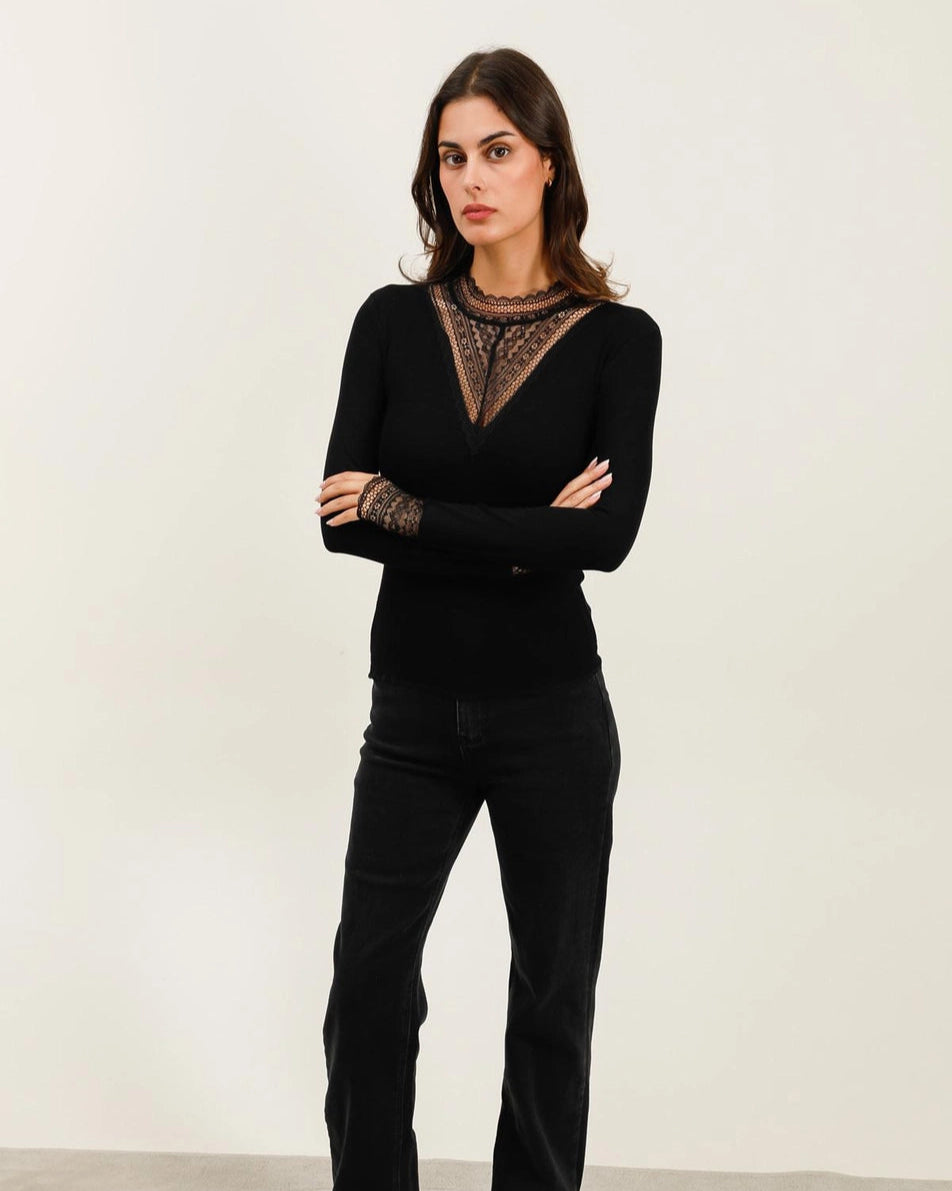 Louna Lace High-Neck Top - Black
