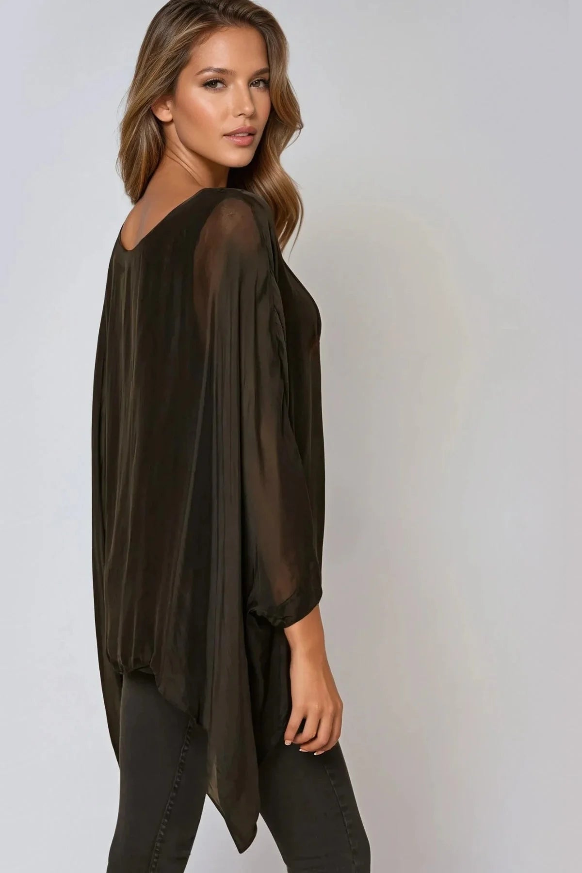 Silk Batwing Sleeve Round Neck Blouse - Black