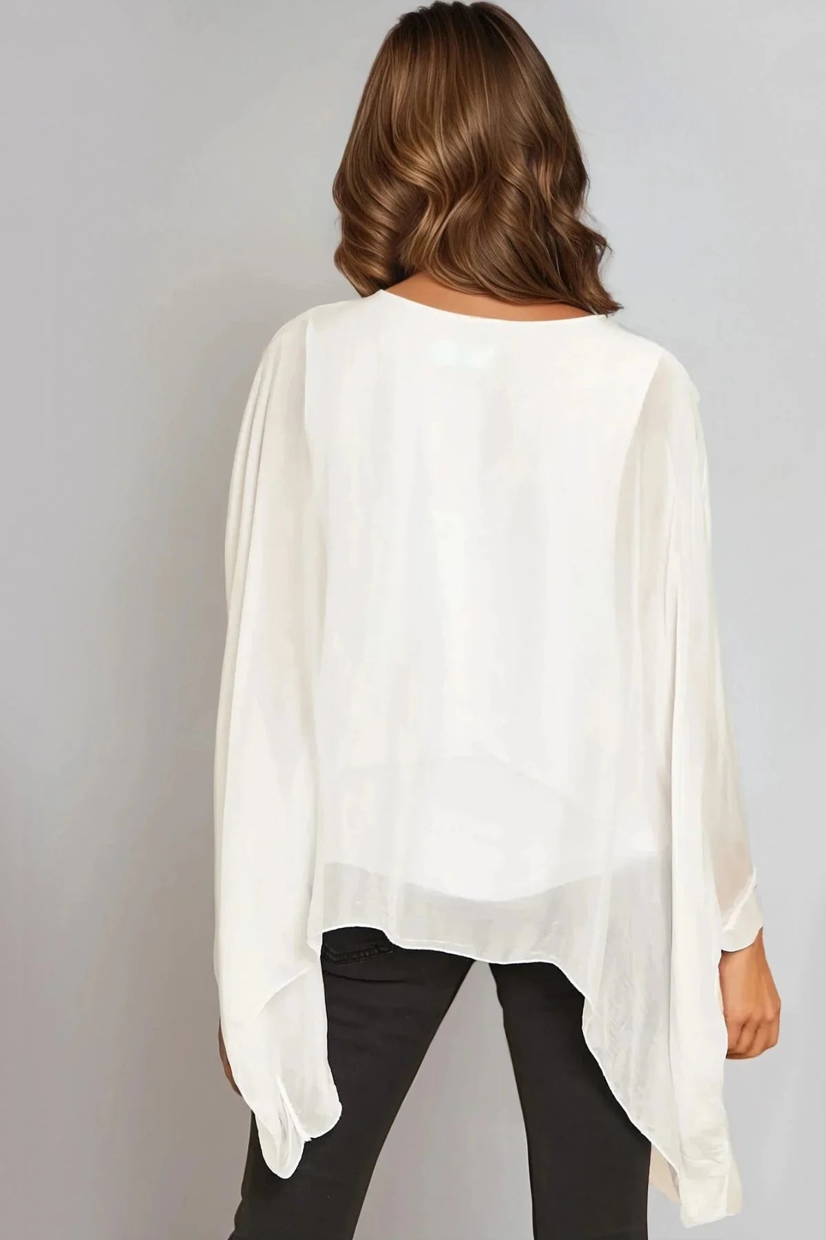 Silk Batwing Sleeve Round Neck Blouse - White