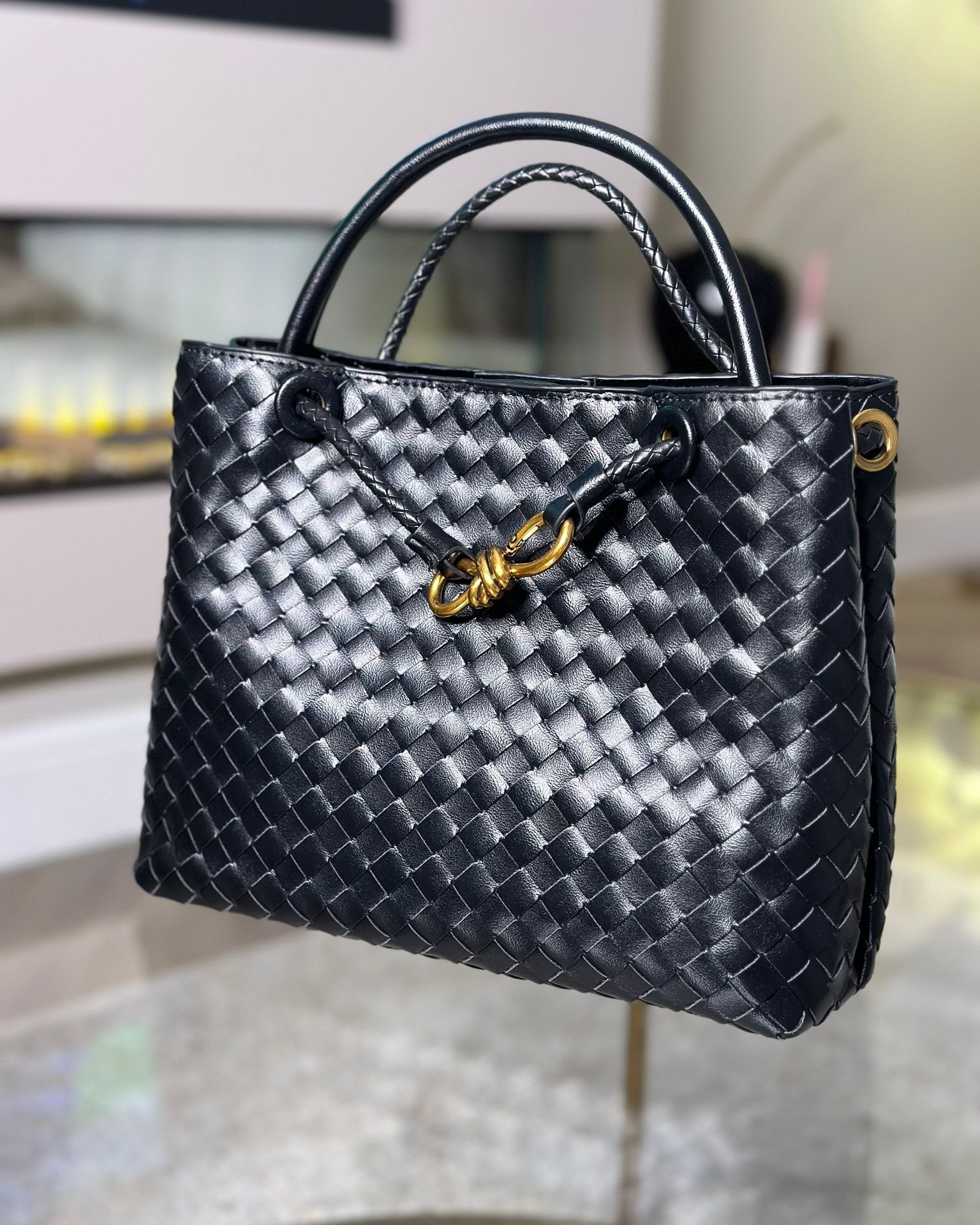 Black Woven Bag with Gold Detail