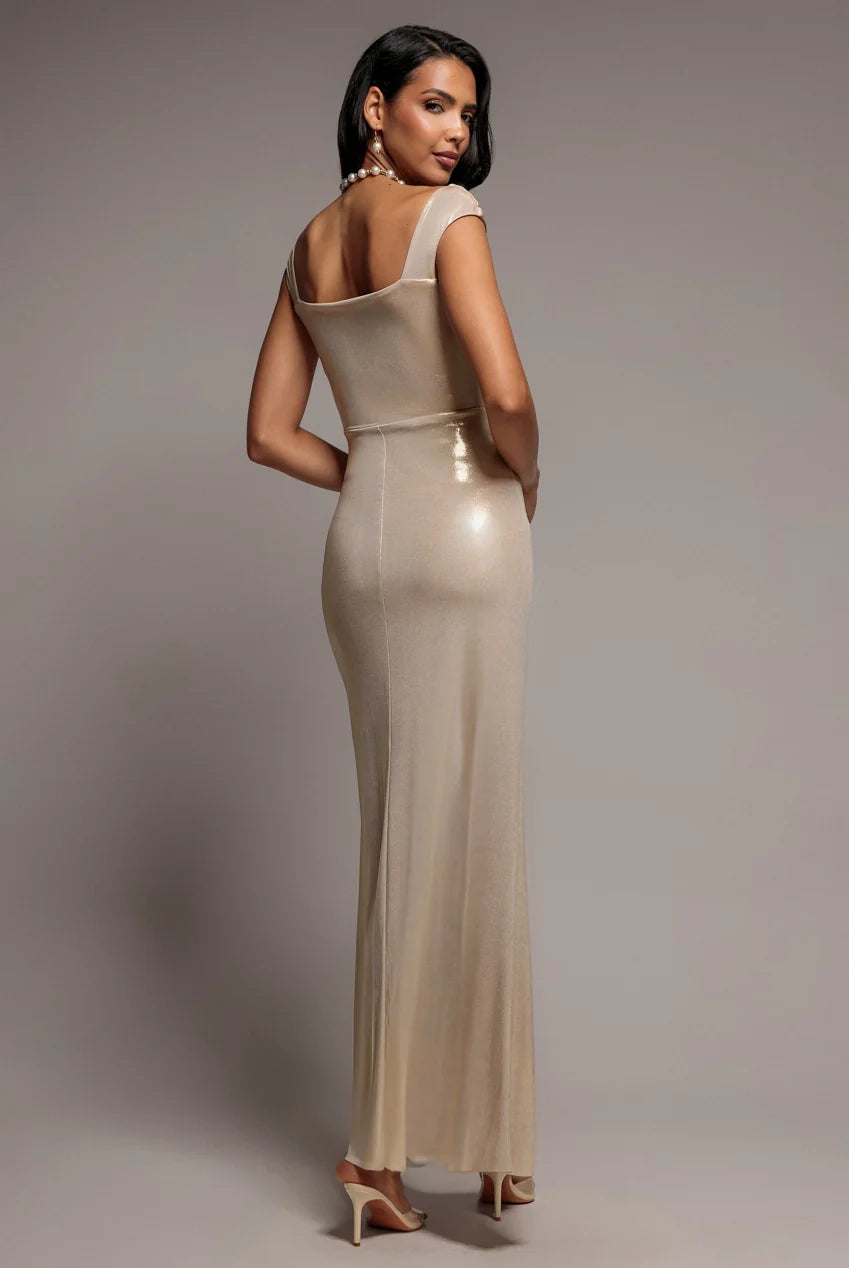 Goddiva OFF THE SHOULDER CORSET WRAP CORSET FOIL MAXI DRESS