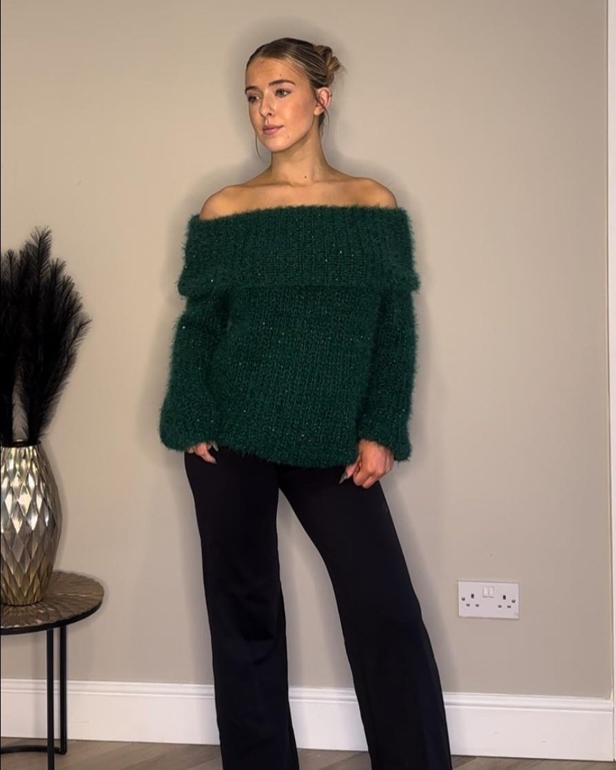 Green Off-The-Shoulder Sparkly Jumper
