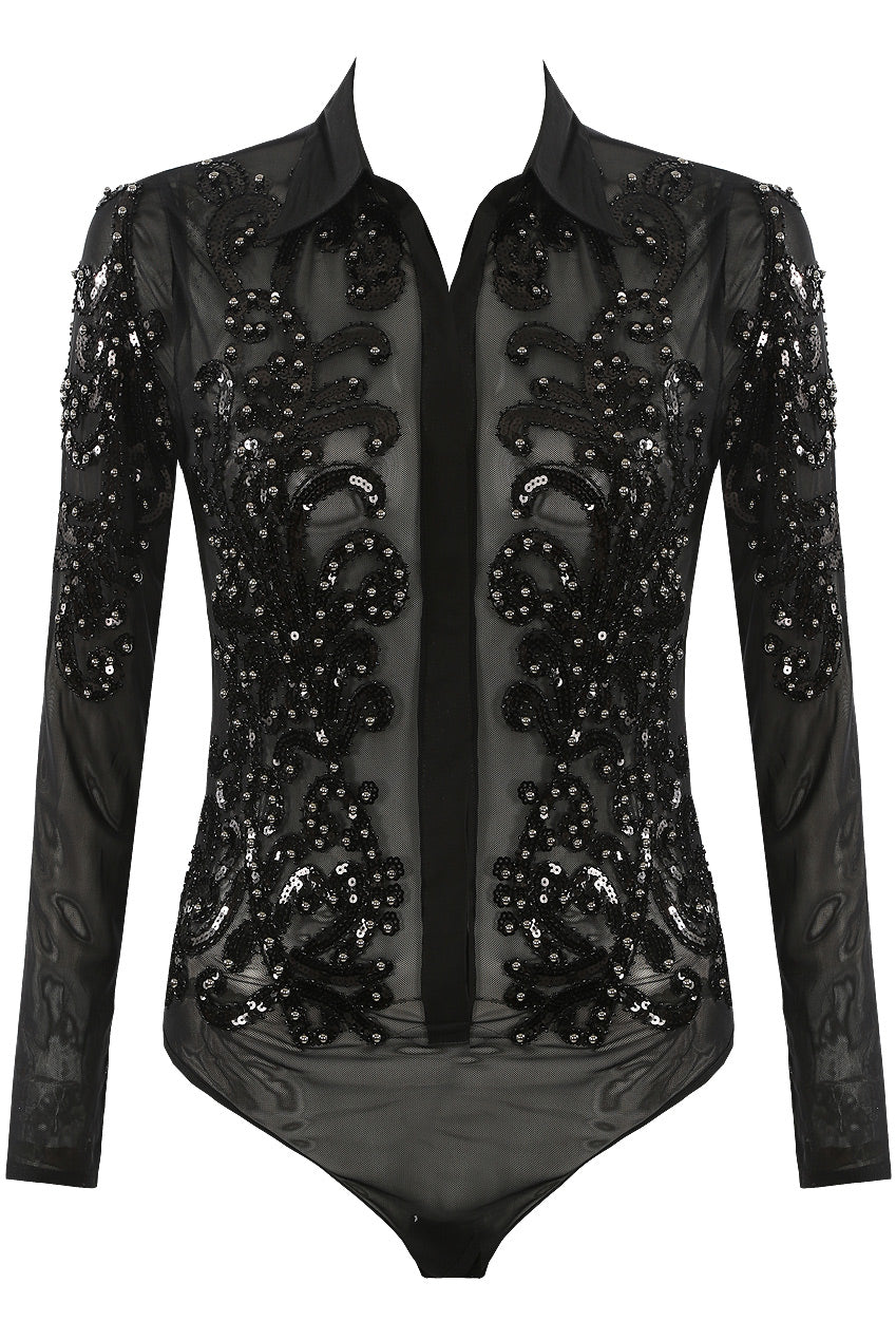 Studded Embellished Sheer Bodysuit
