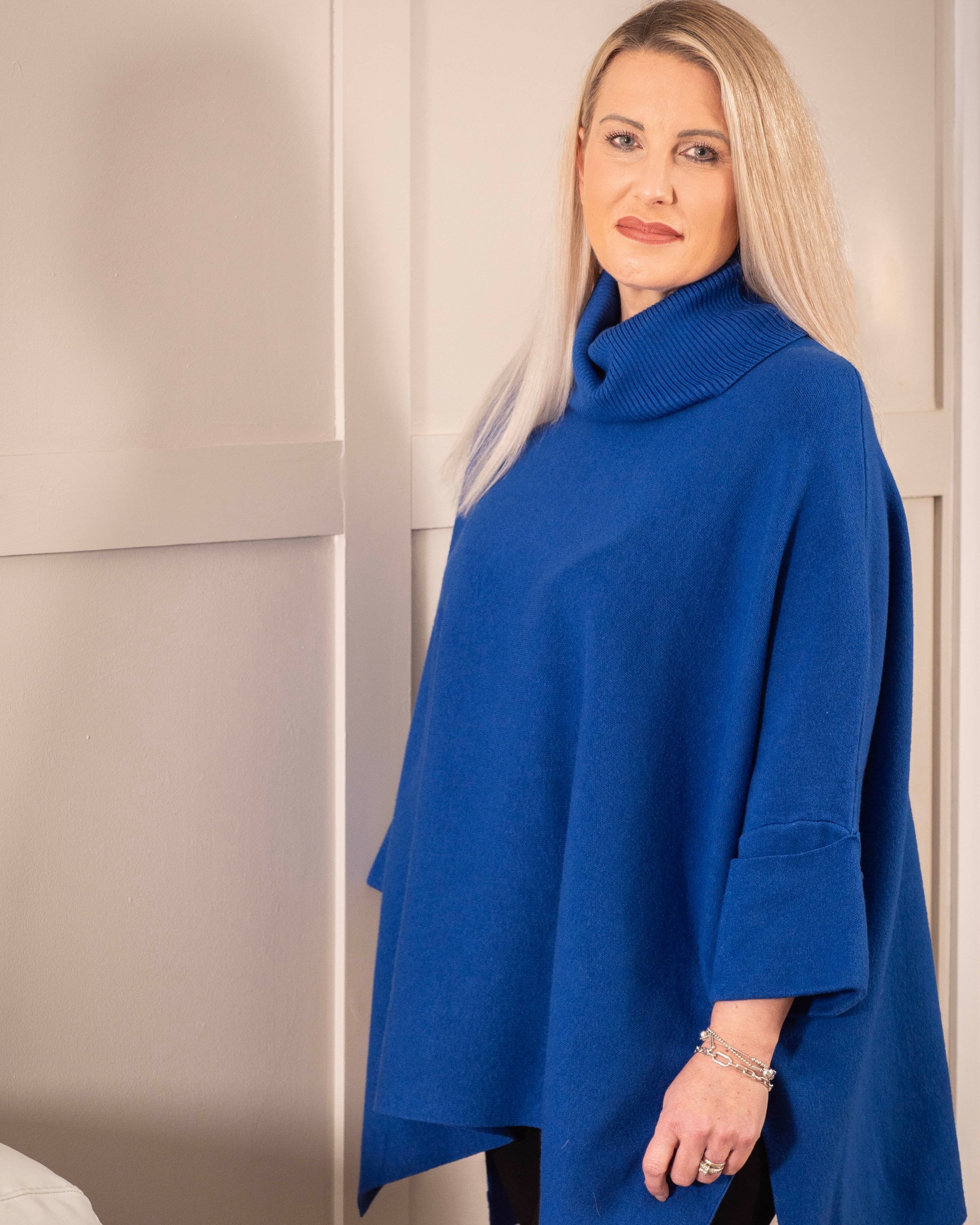 High Neck Jumper with Folded Sleeves - Blue 4