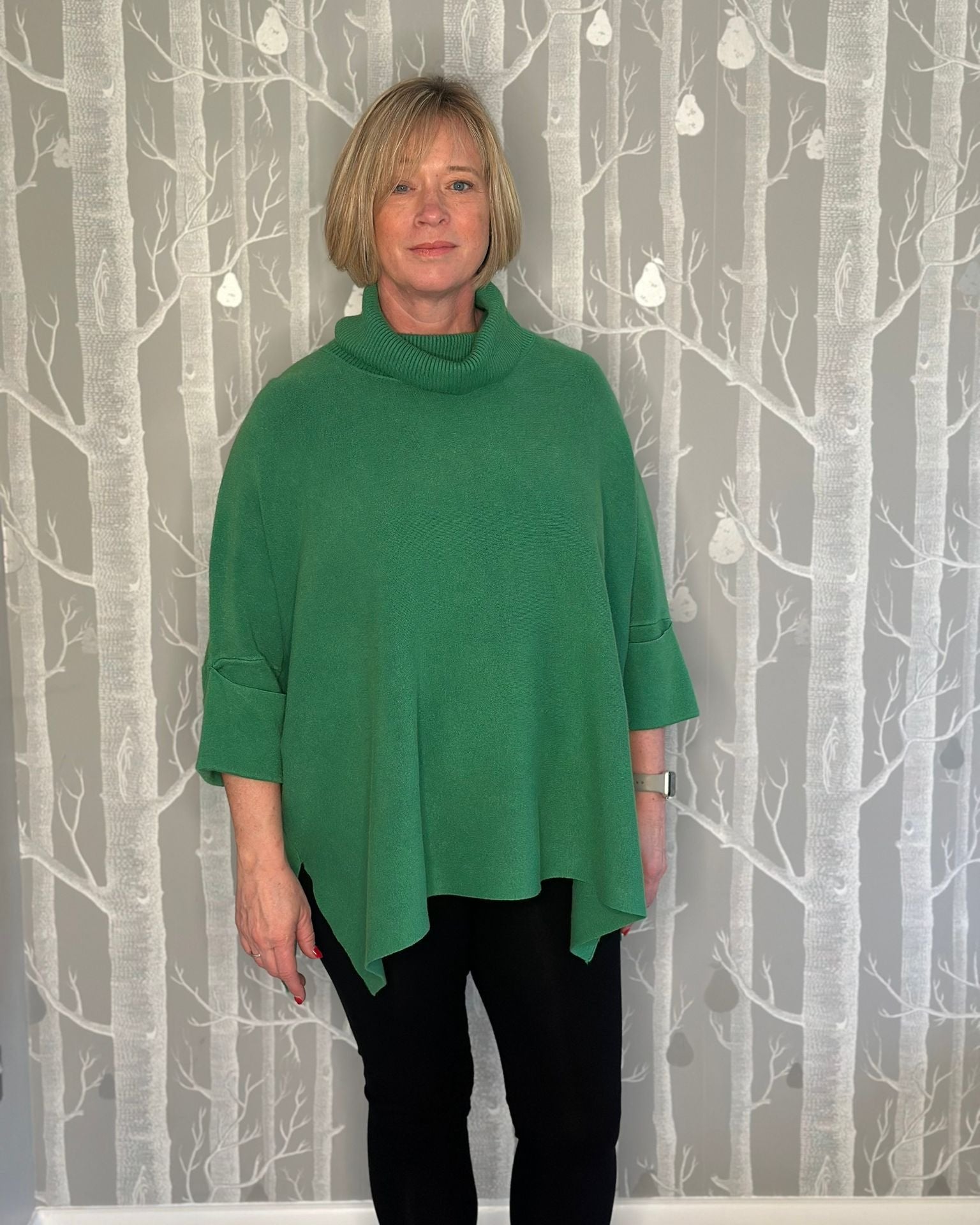 High Neck Jumper with Folded Sleeves - Green