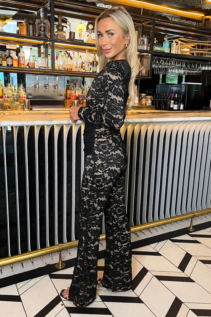 Black Lace Contrast Draped Waist Jumpsuit - by AX Paris