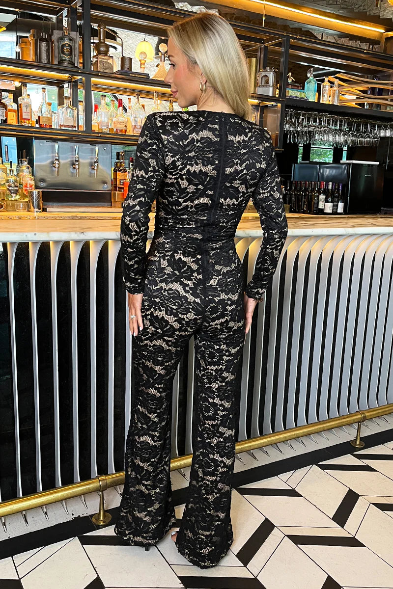 Black Lace Contrast Draped Waist Jumpsuit - by AX Paris