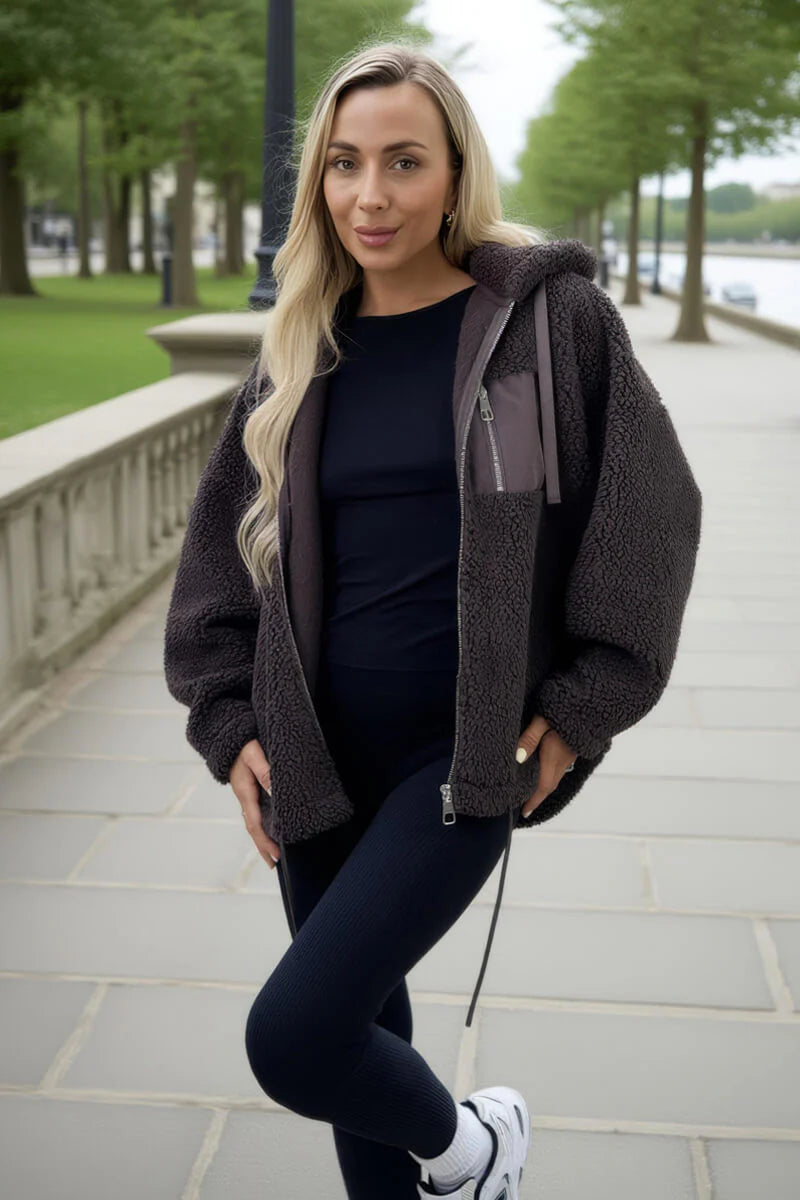 Chocolate Pocket Detail Hooded Teddy Jacket - by AX Paris