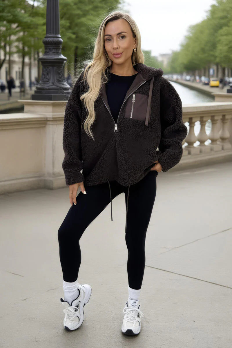 Chocolate Pocket Detail Hooded Teddy Jacket - by AX Paris