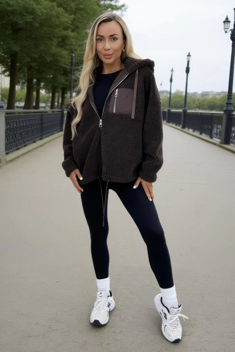 Chocolate Pocket Detail Hooded Teddy Jacket - by AX Paris