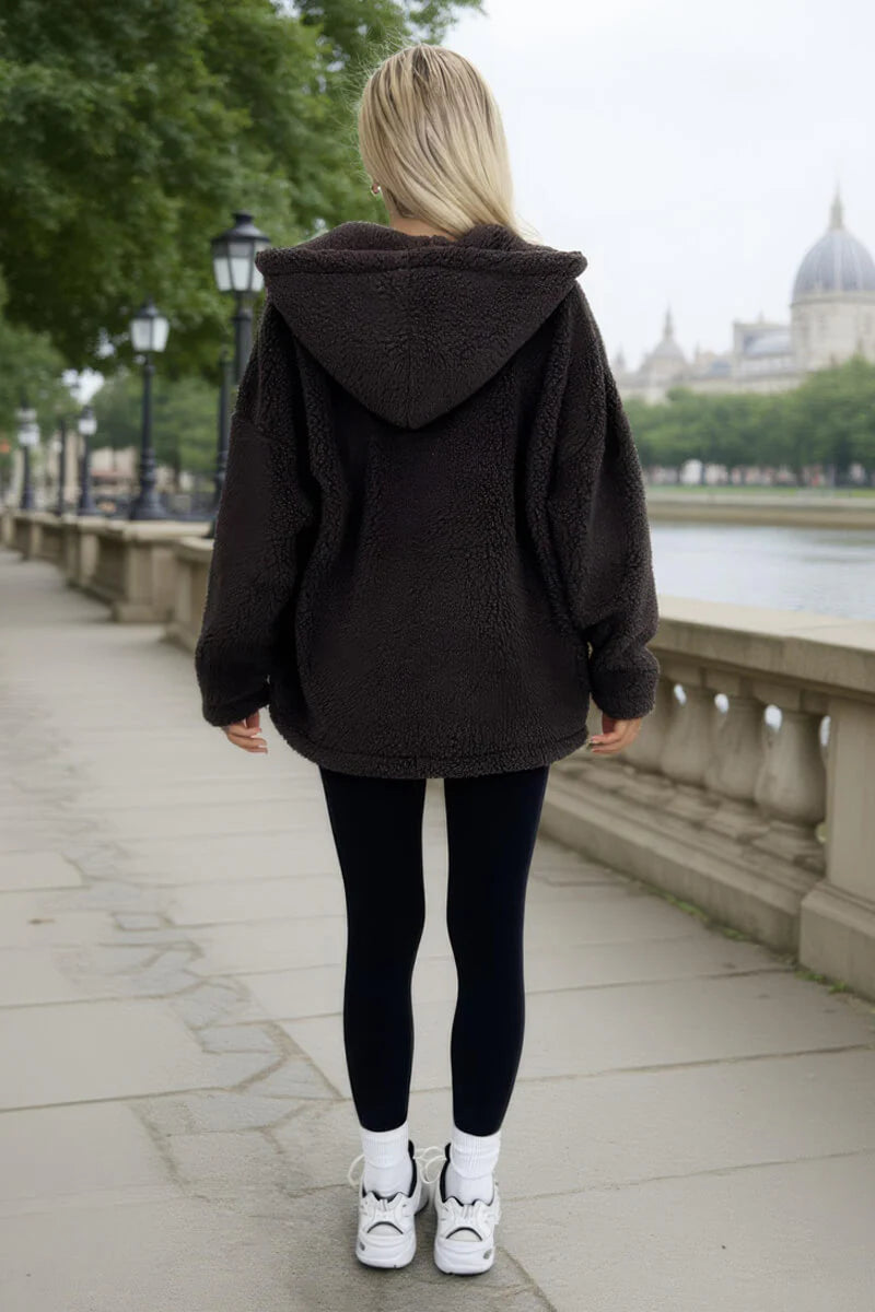 Chocolate Pocket Detail Hooded Teddy Jacket - by AX Paris
