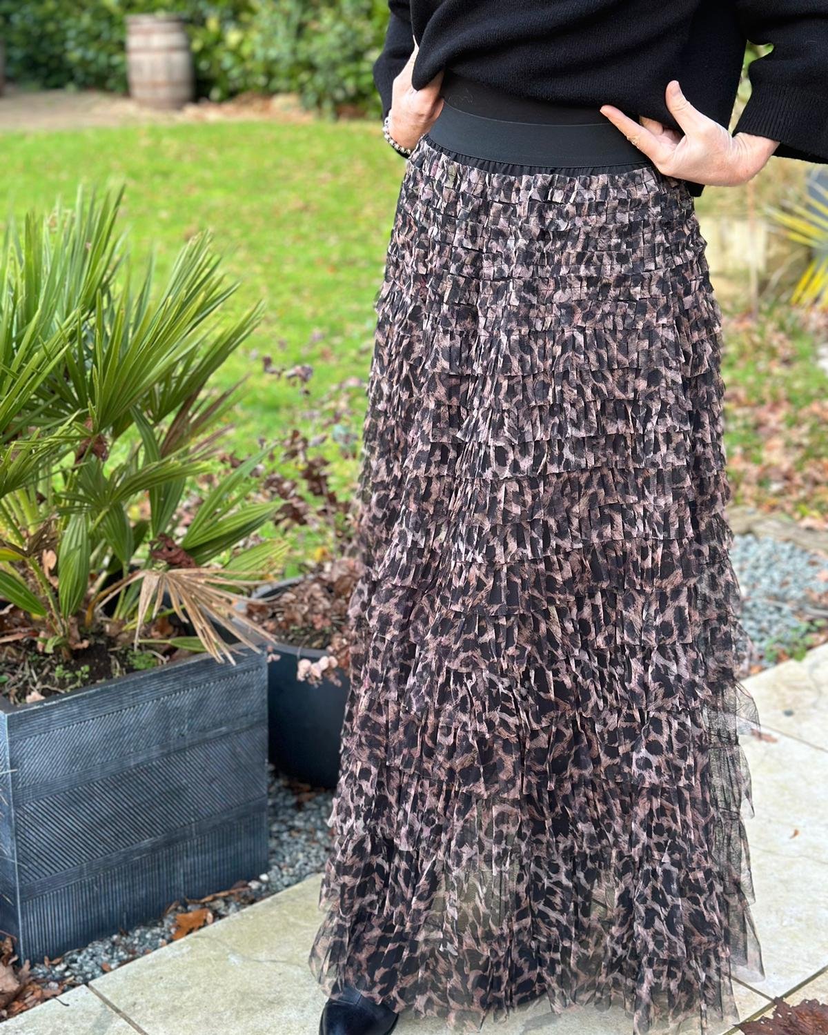 Leopard Tulle Layered Maxi Skirt - Black