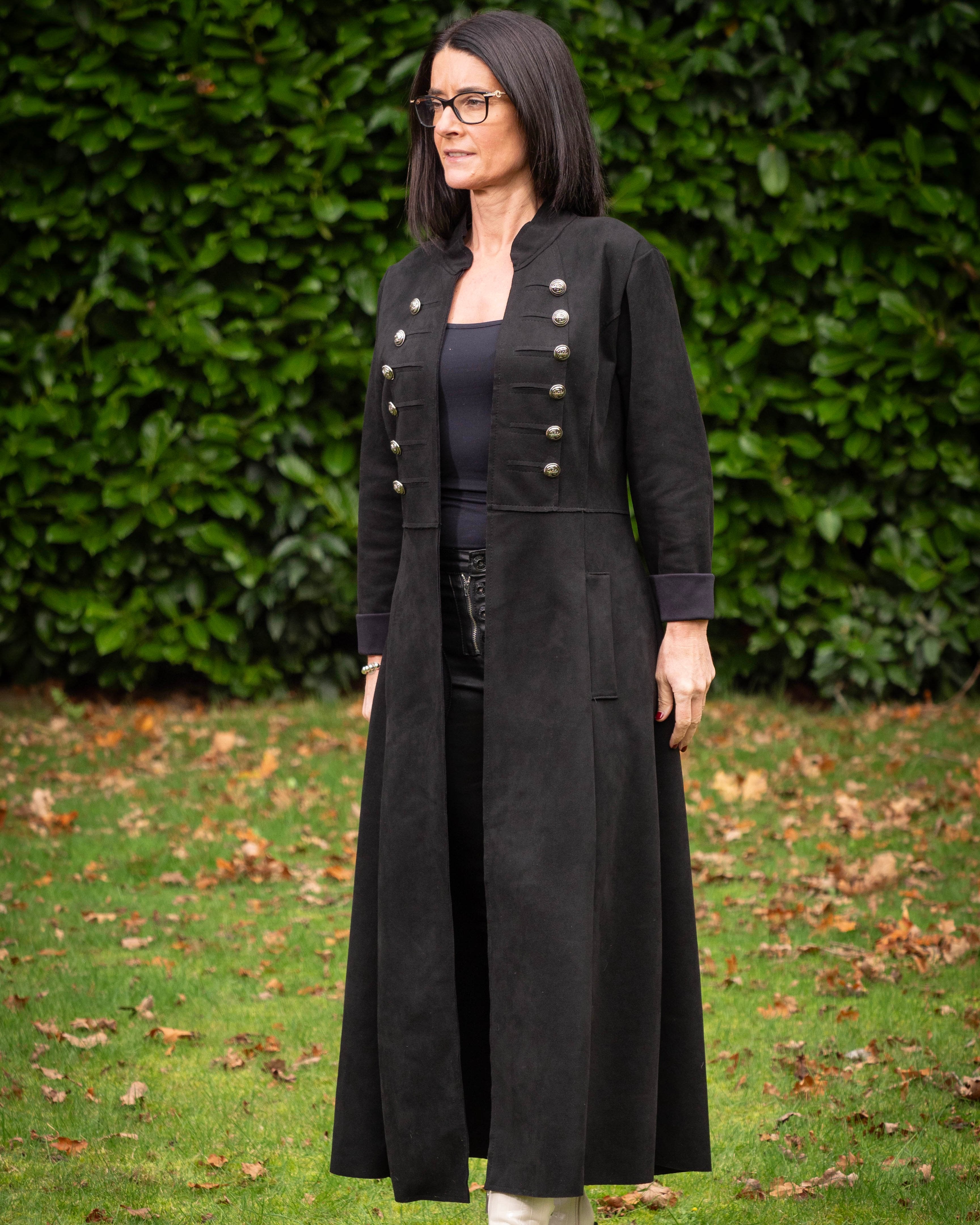 Long Faux Suede Military Style Coat - Black