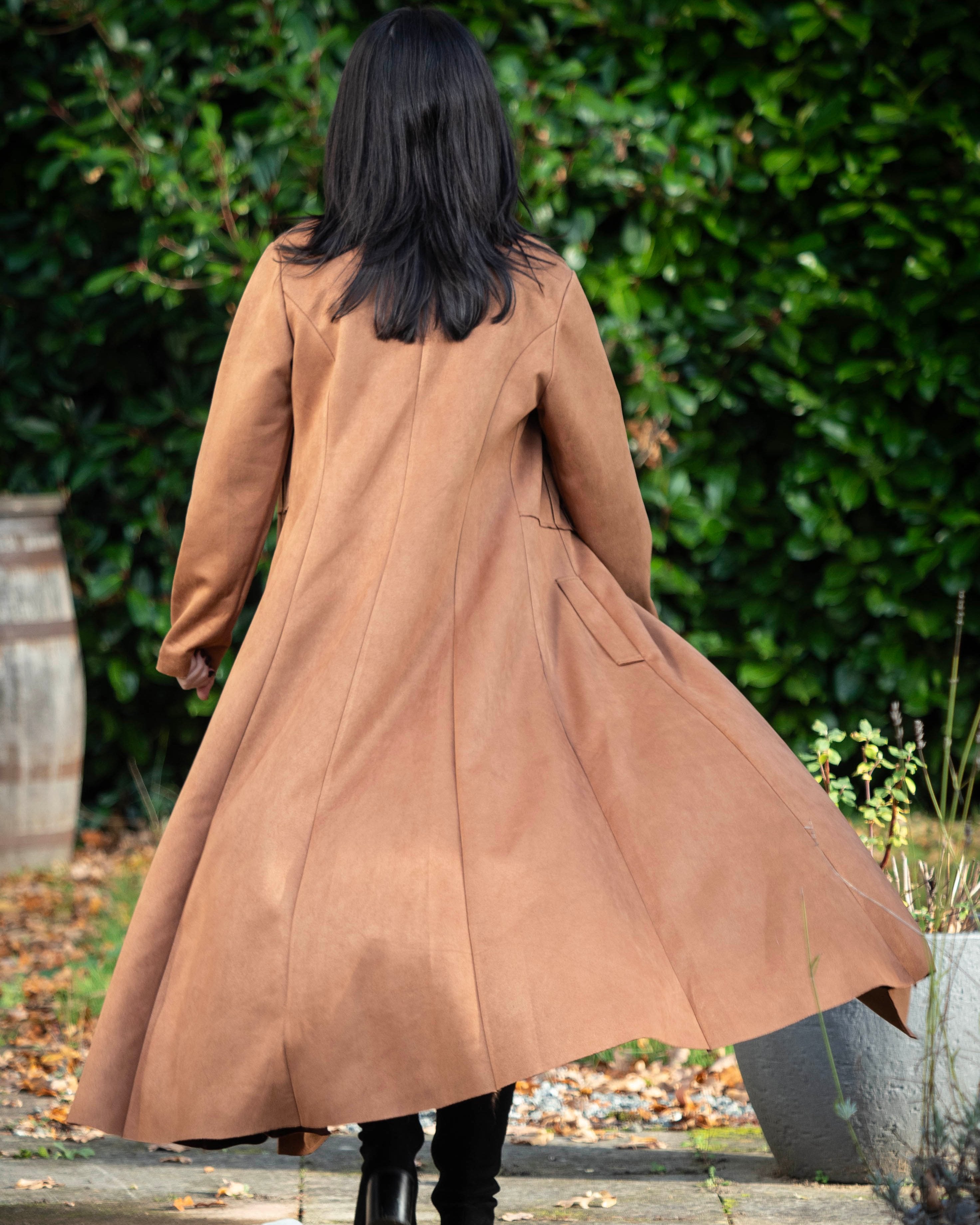 Long Faux Suede Military Style Coat - Camel 2