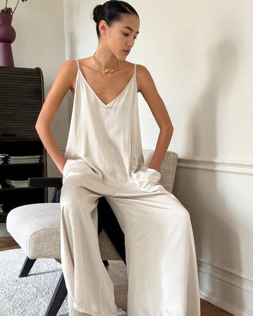 Natalie Satin Jumpsuit - Ivory - By Charli