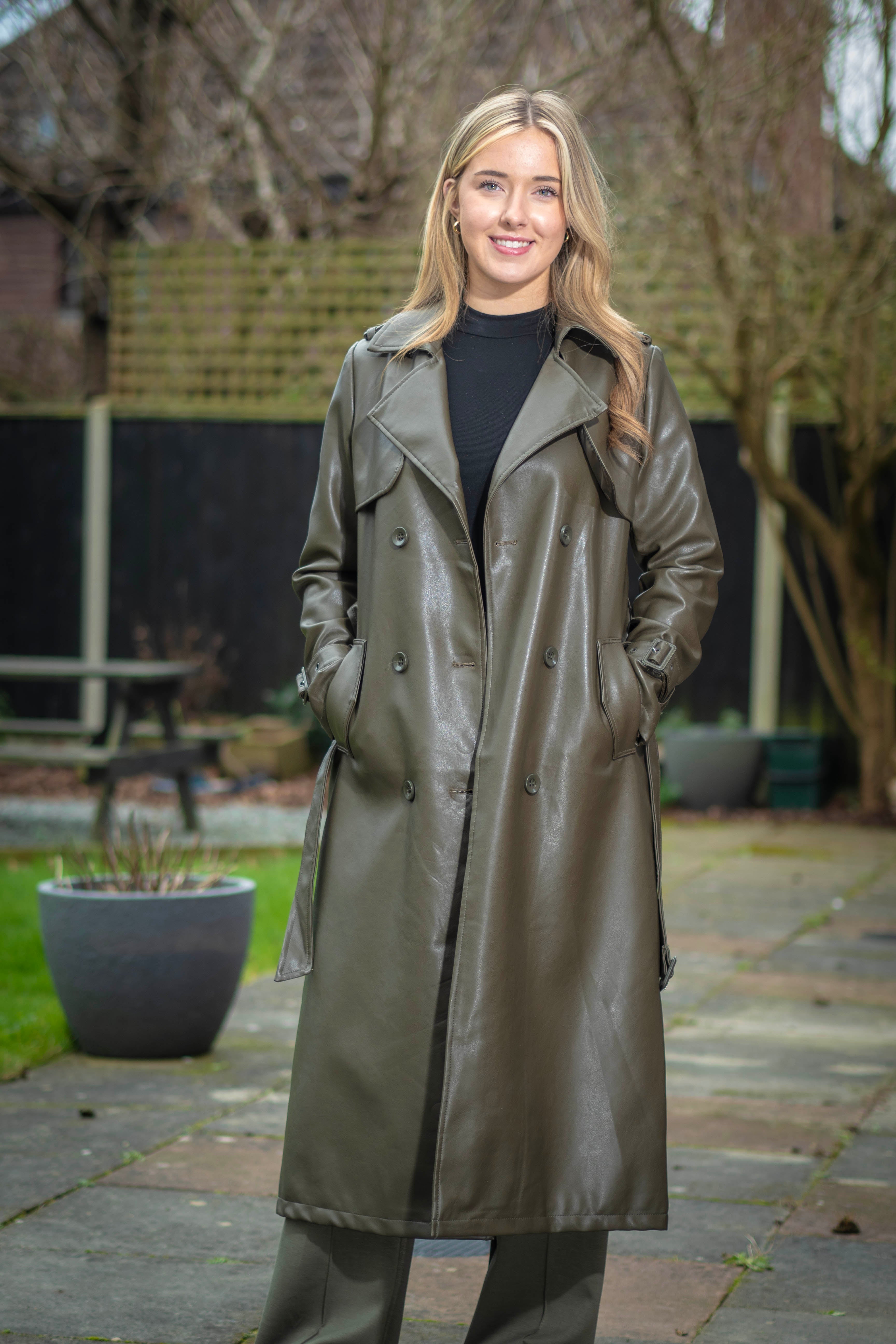 Faux Leather Trench Coat - Khaki Green