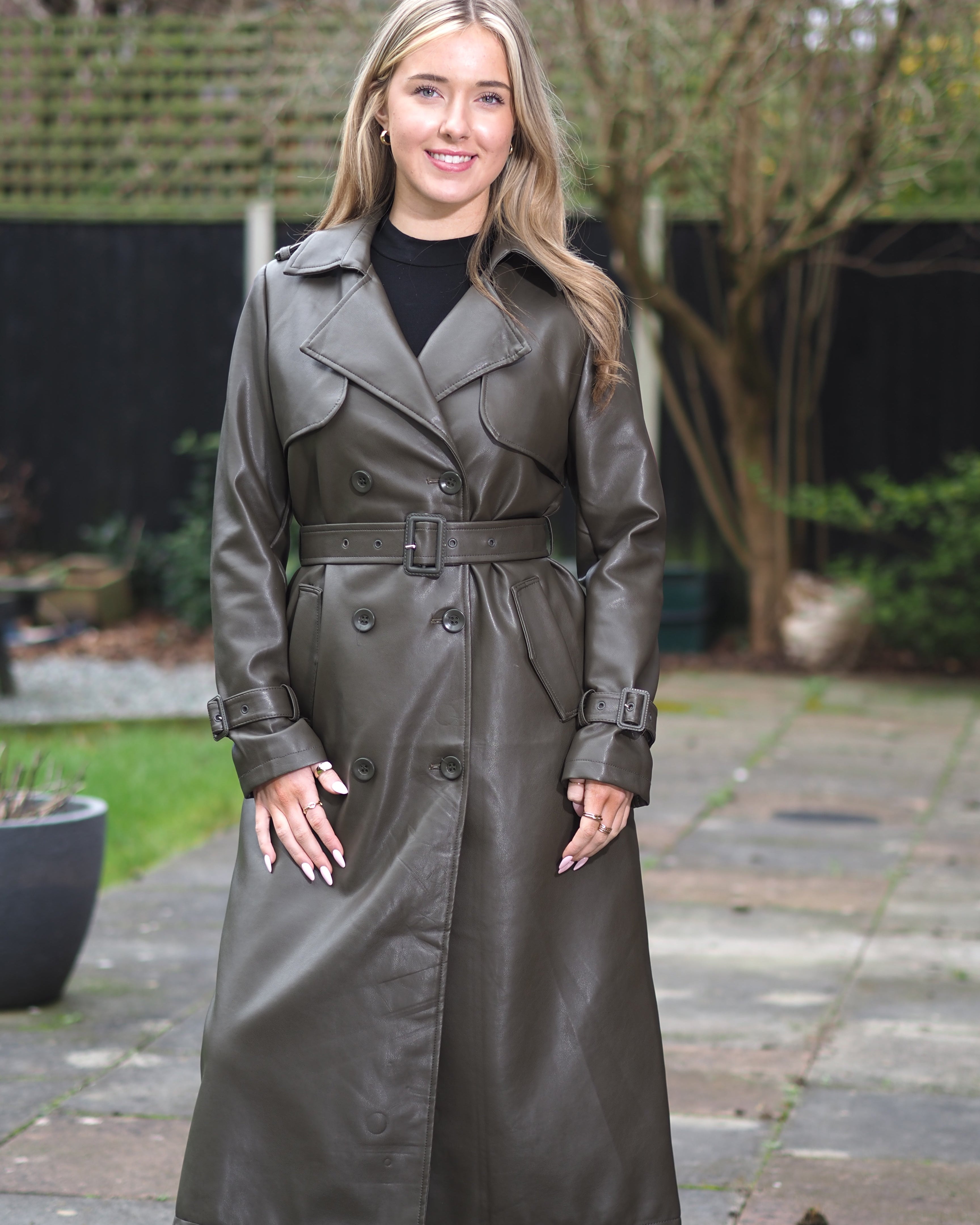 Faux Leather Trench Coat - Khaki Green