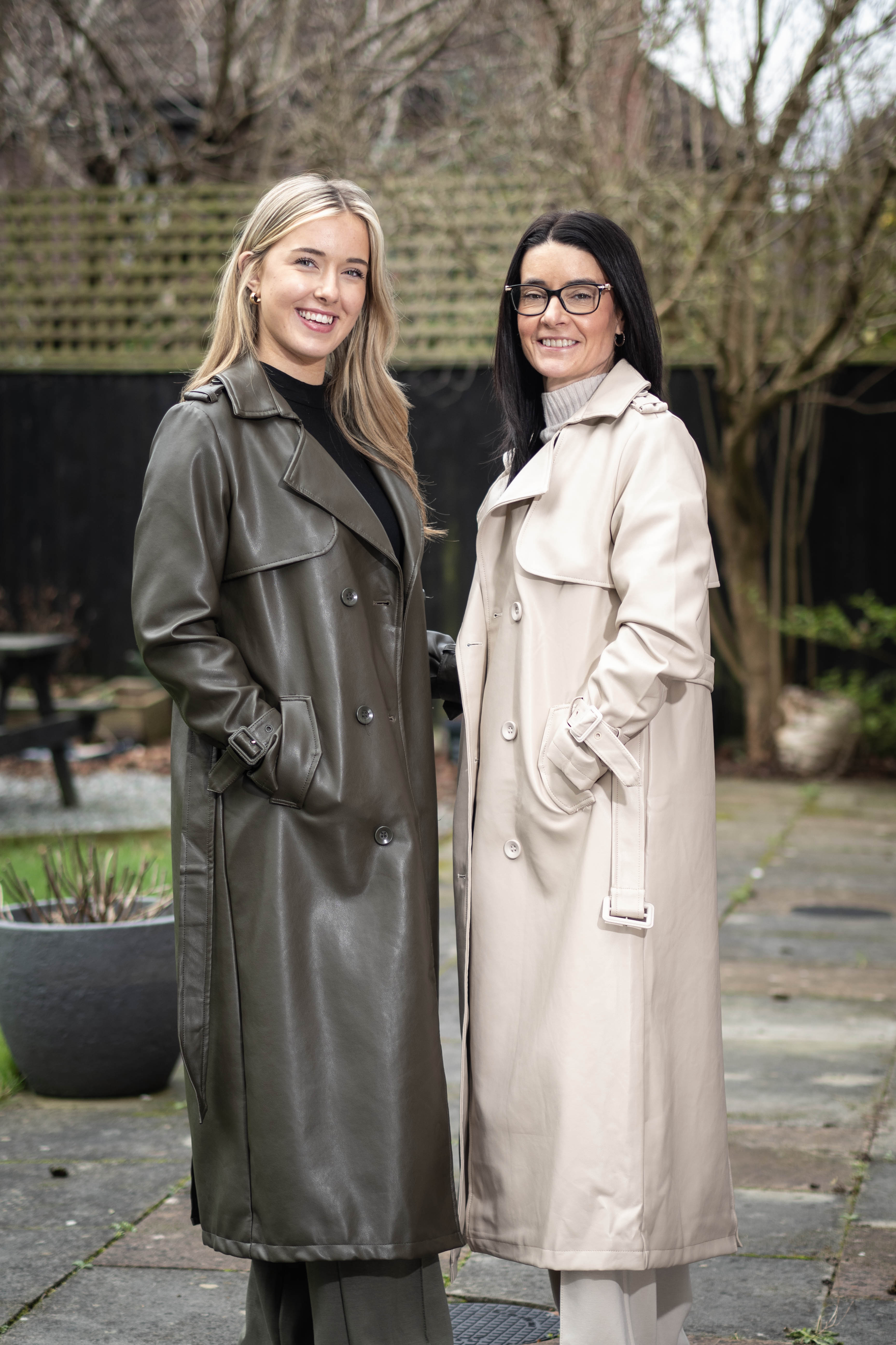 Faux Leather Trench Coat - Khaki Green