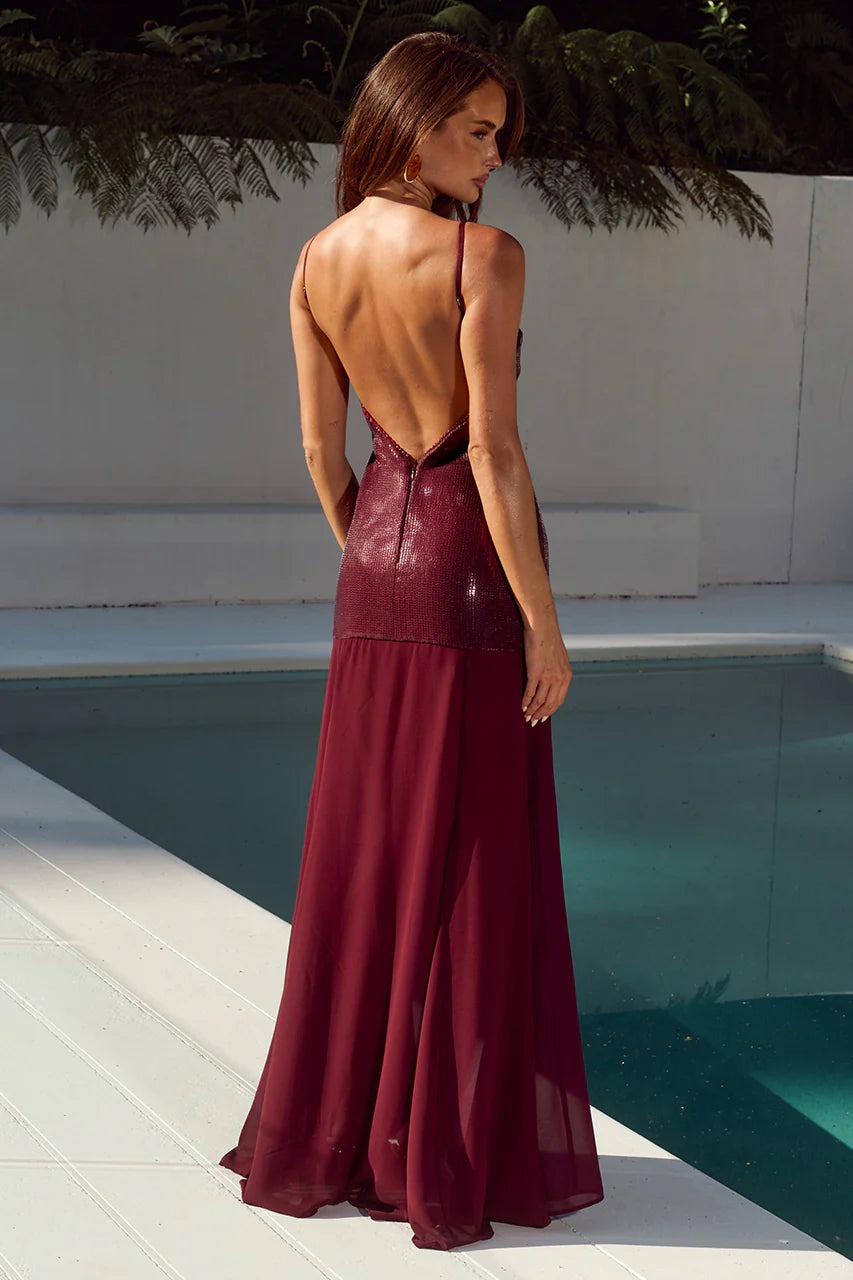TULIA LOW BACK MAXI DRESS - WINE - by Runaway The Label