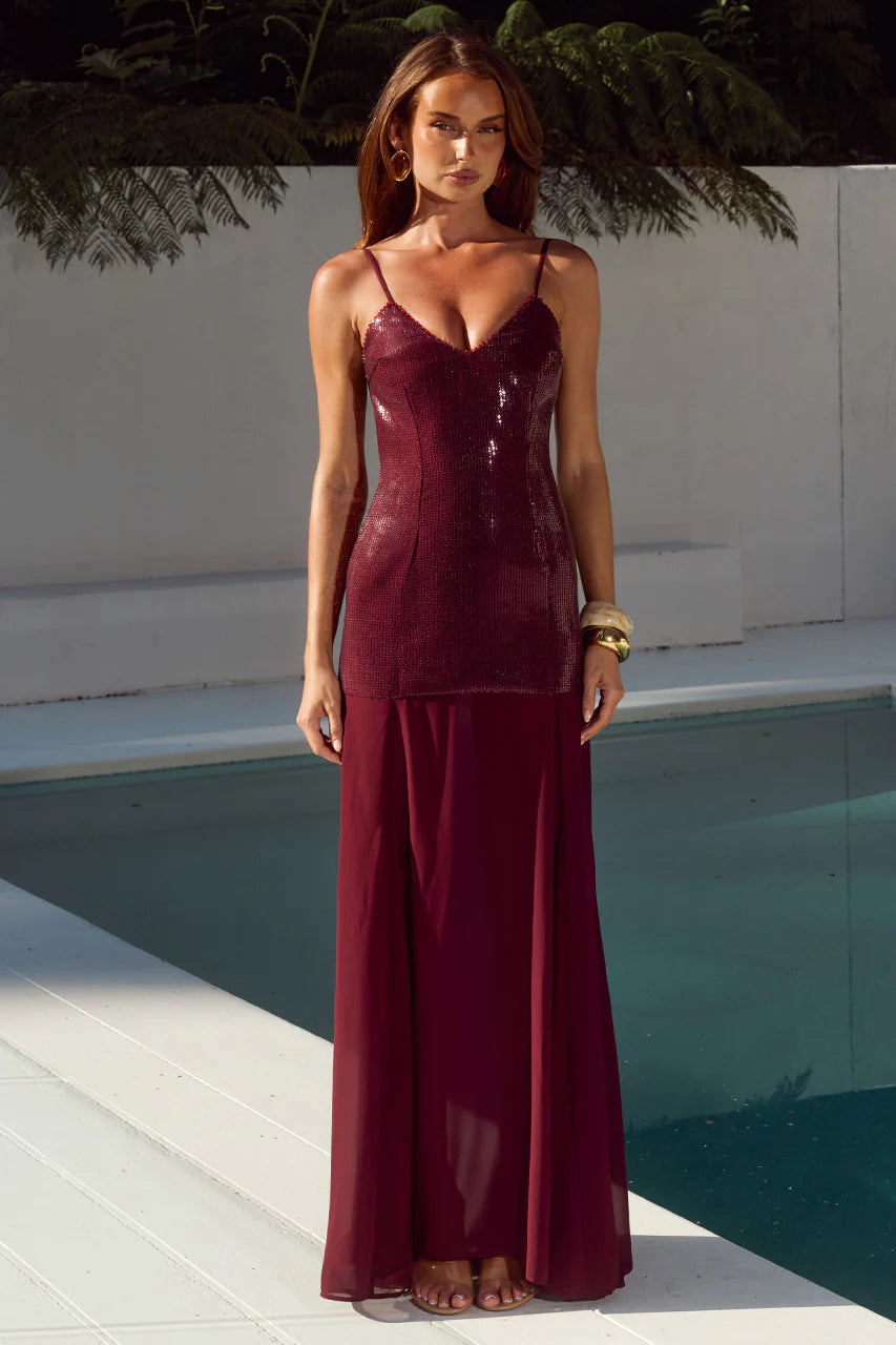 TULIA LOW BACK MAXI DRESS - WINE - by Runaway The Label