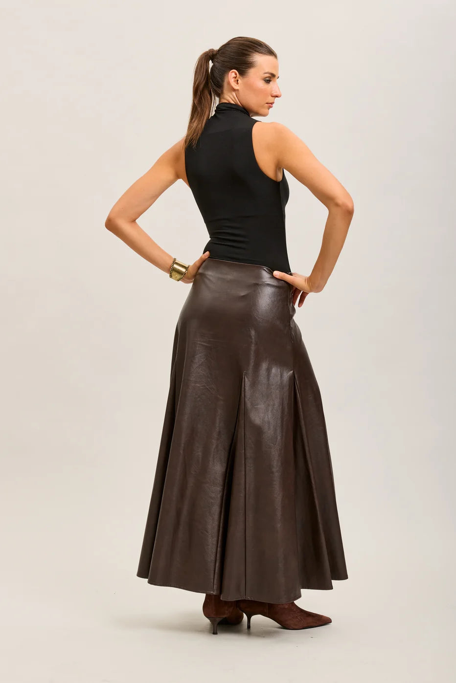 Chocolate Brown Faux Leather Maxi Skirt - Toxik