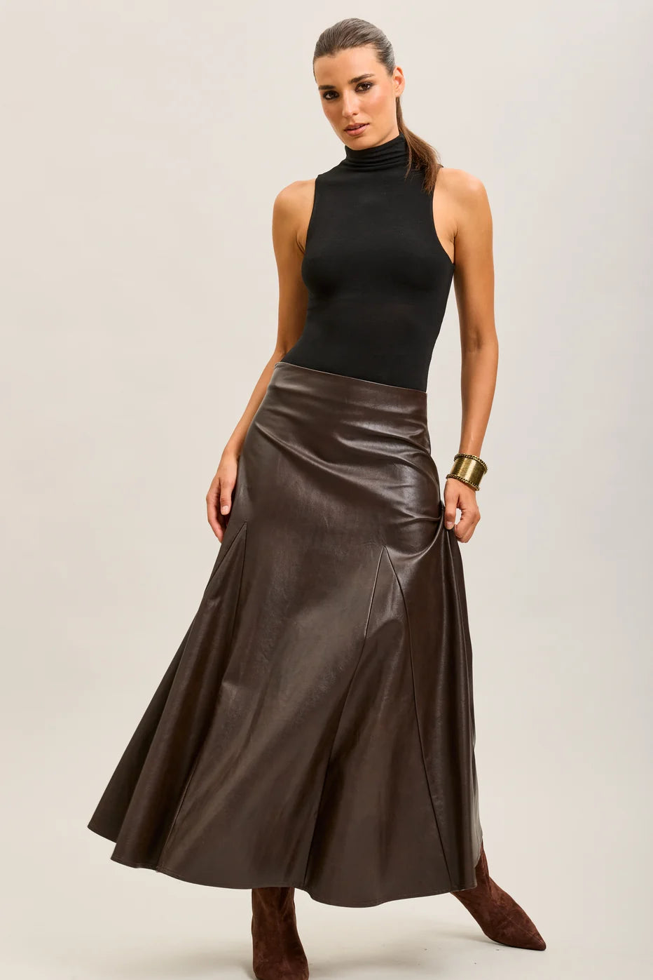 Chocolate Brown Faux Leather Maxi Skirt - Toxik