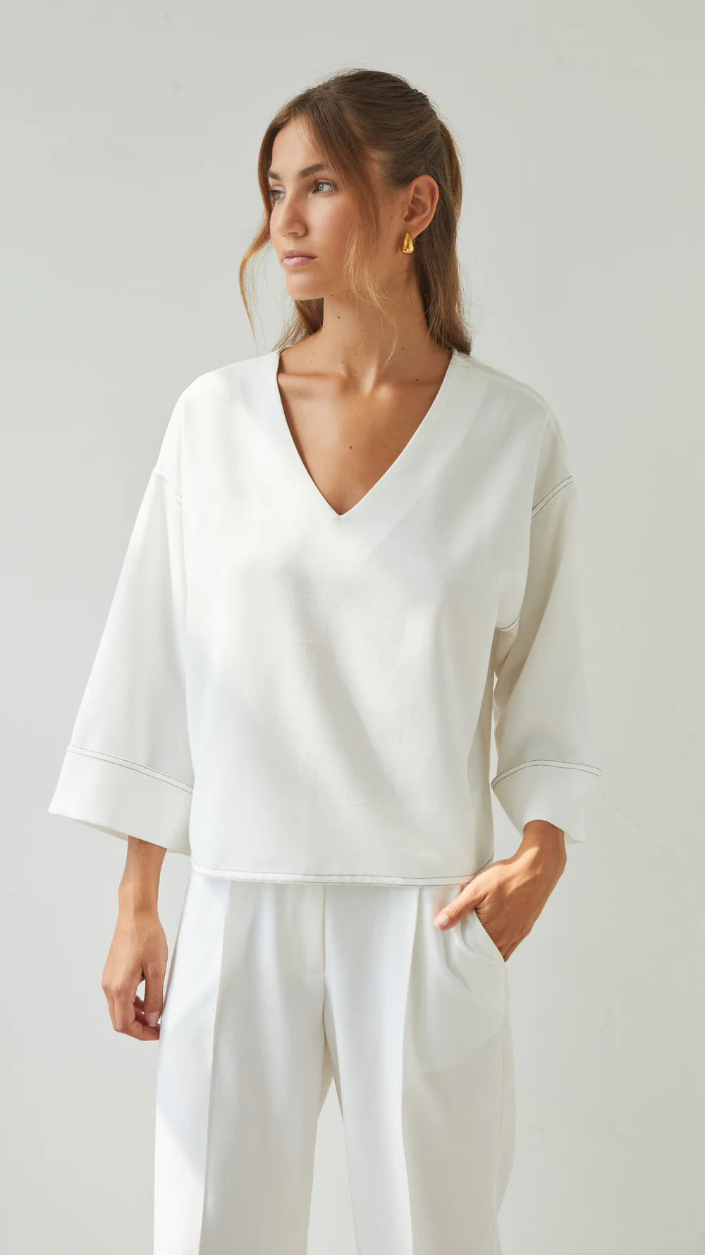 Olina V-Neck Crepe Top - by Charli