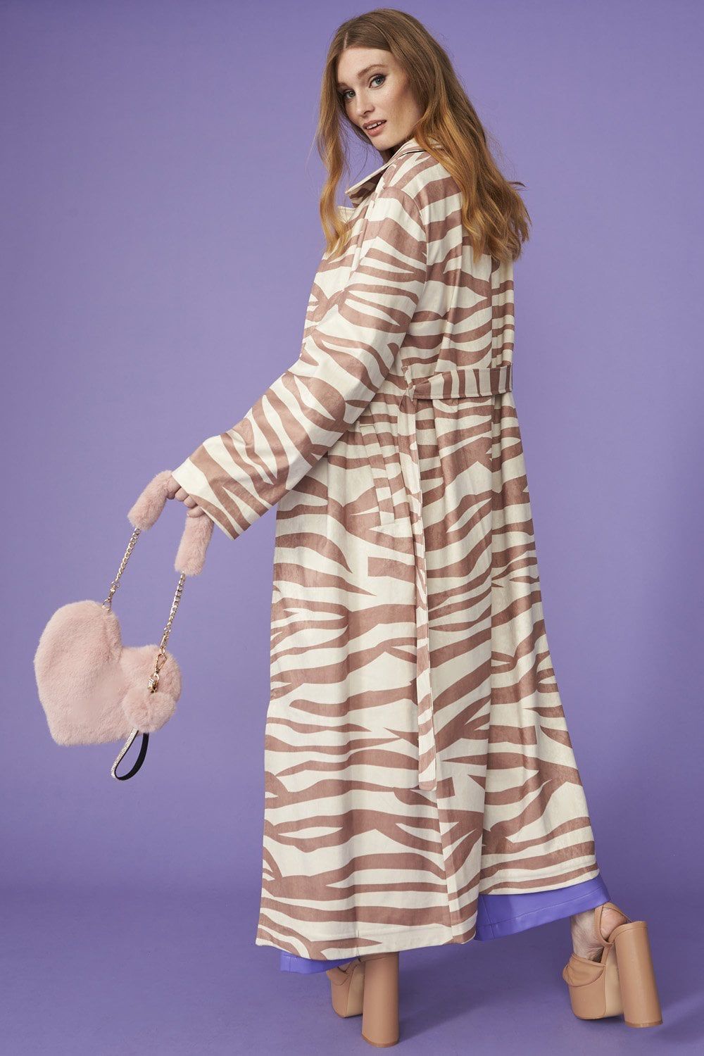Faux Suede Zebra Print Trench Coat