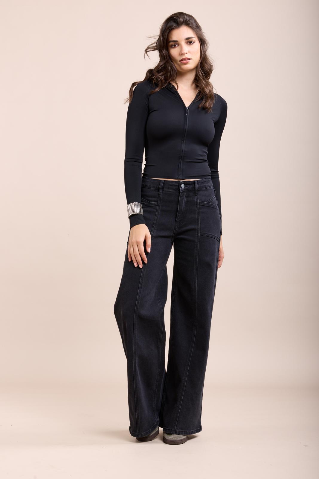 Stretch wide jean pants with cutouts and pockets - by toxik