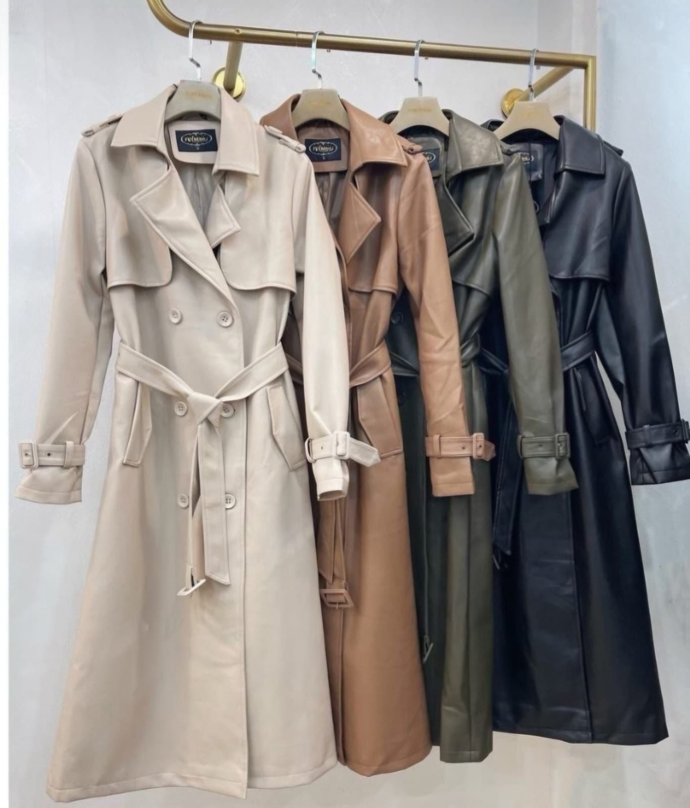 Faux Leather Trench Coat - Khaki Green