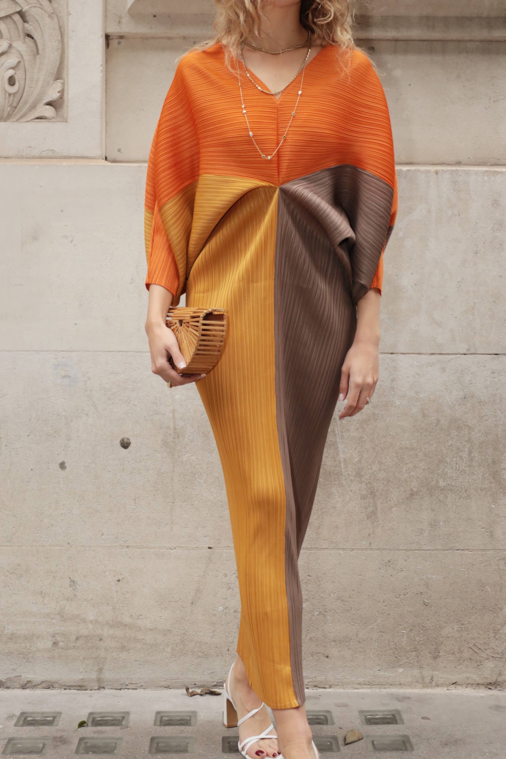 Orange Colour Block Pleated Dress
