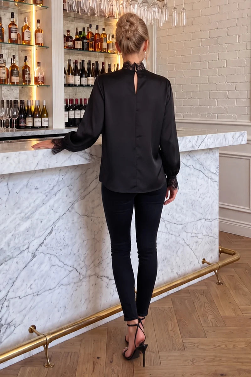 Black High Neck Lace Trim Blouse - AX Paris