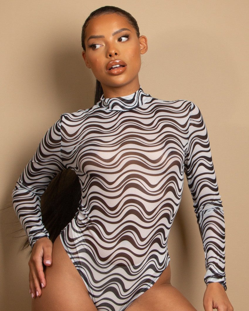 Wavy Long Sleeve Sheer Bodysuit - Black/White