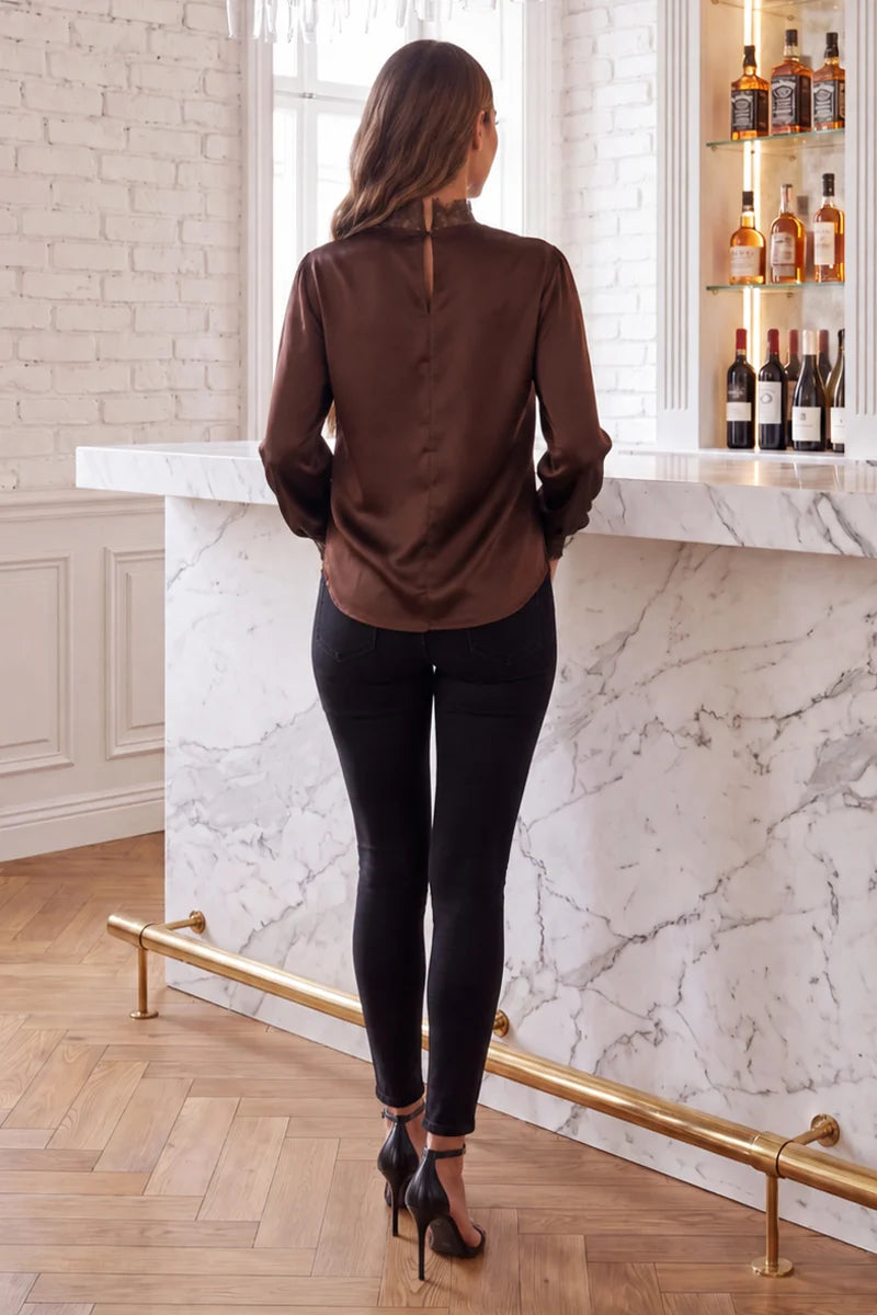 Chocolate High Neck Lace Trim Blouse - AX Paris