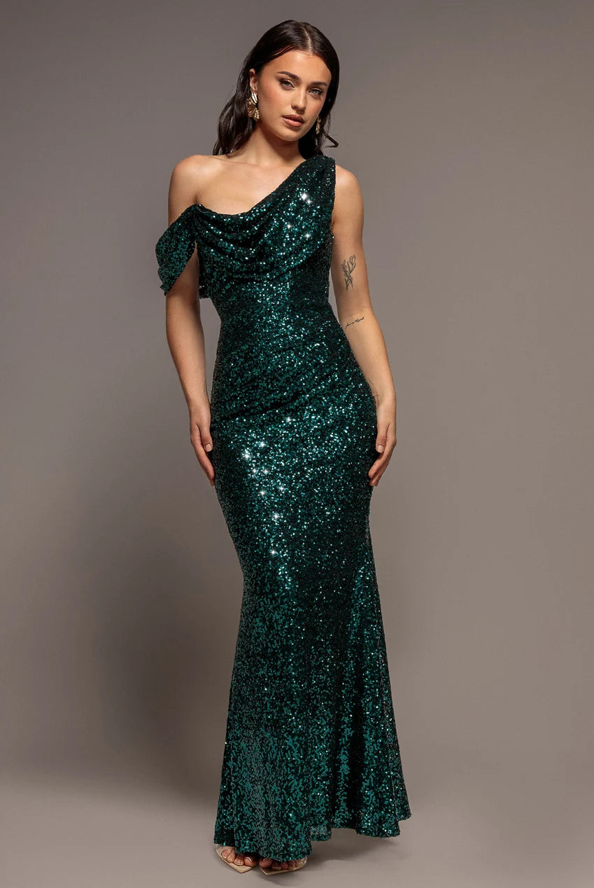 Sequin Cowl One Shoulder Maxi Dress - Emerald