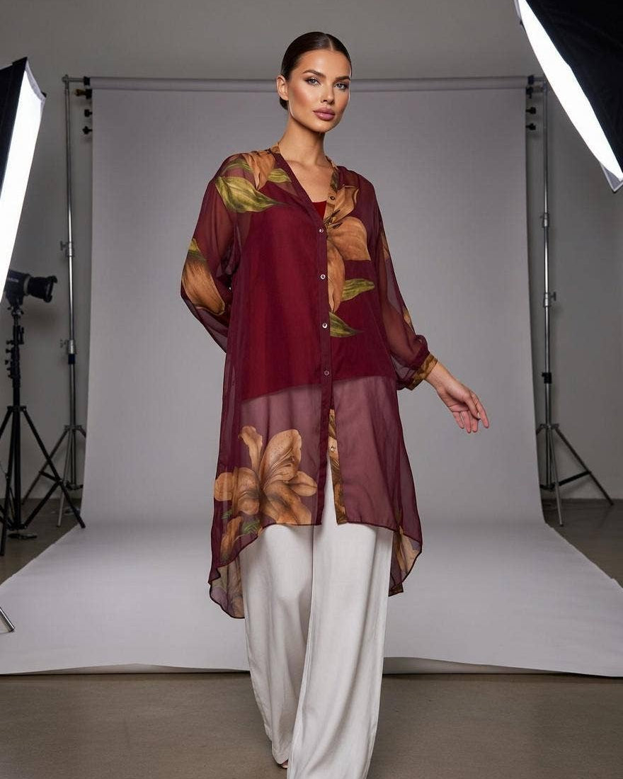 Long Silk Floral buttoned silk top - Burgundy